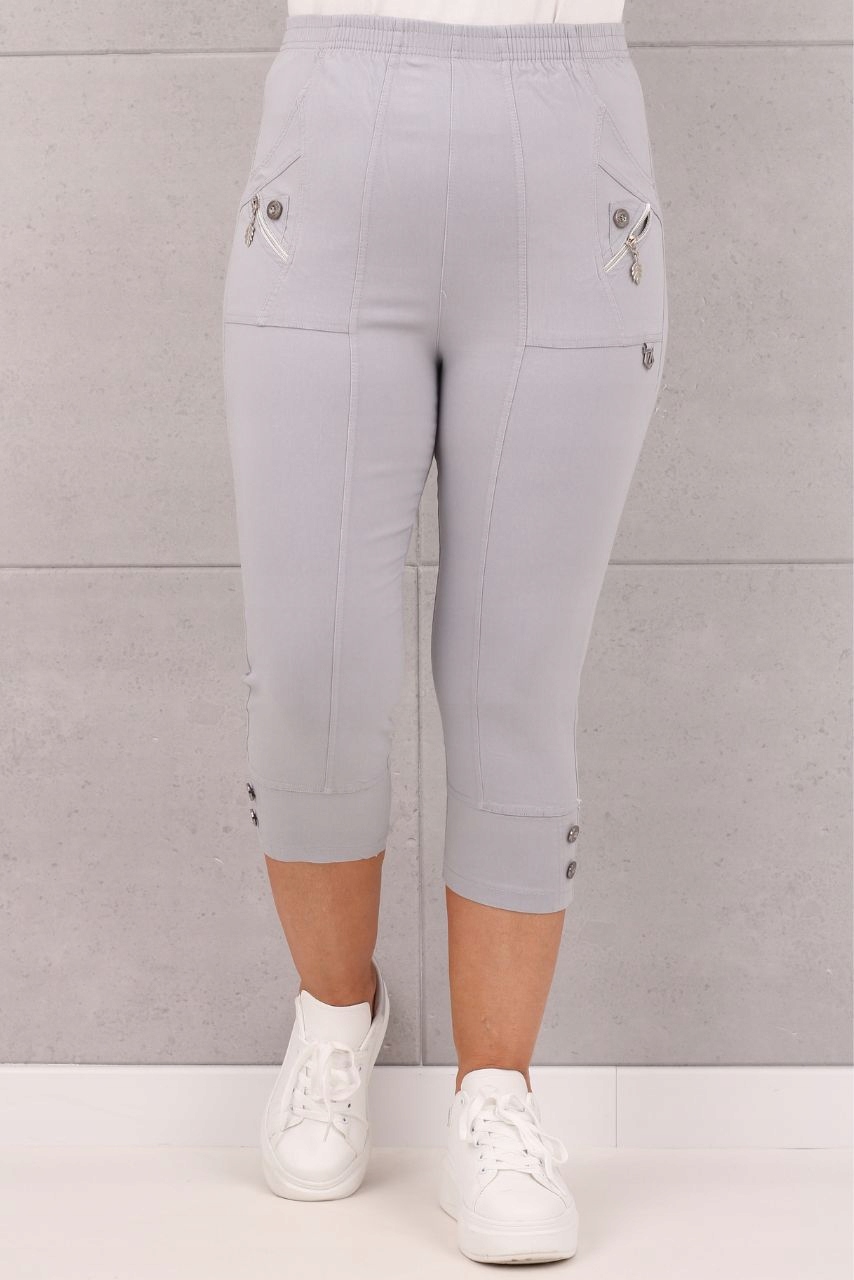ELASTYCZNE SPODNIE RYBACZKI DAMSKIE NA GUMCE DUŻE ROZMIARY Z GUZIKAMI LUŹNE Odcień popielaty