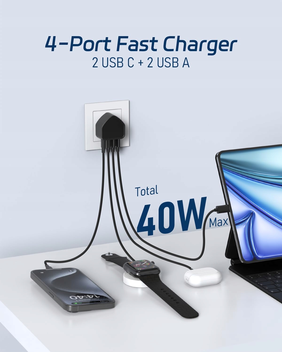 FFZZKJ Ładowarka USB C 4-Porty 40W Szybkie Ładowanie PD 3.0 iPhone Android — miniatura 2