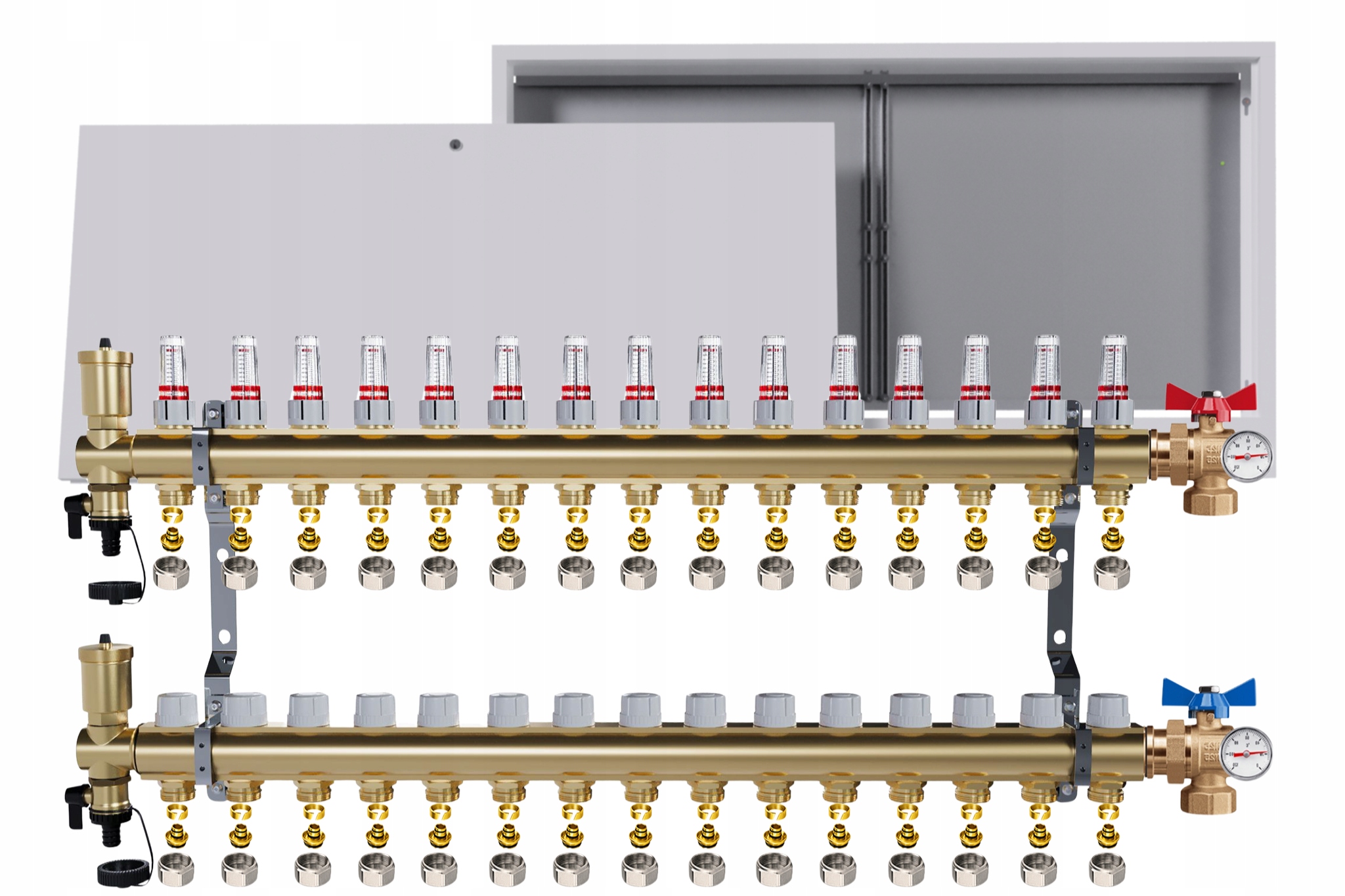 Rozdělovač Pro Podlahovou Krytinu 15 Okruhů Ventily Teploměr Krabička Pex