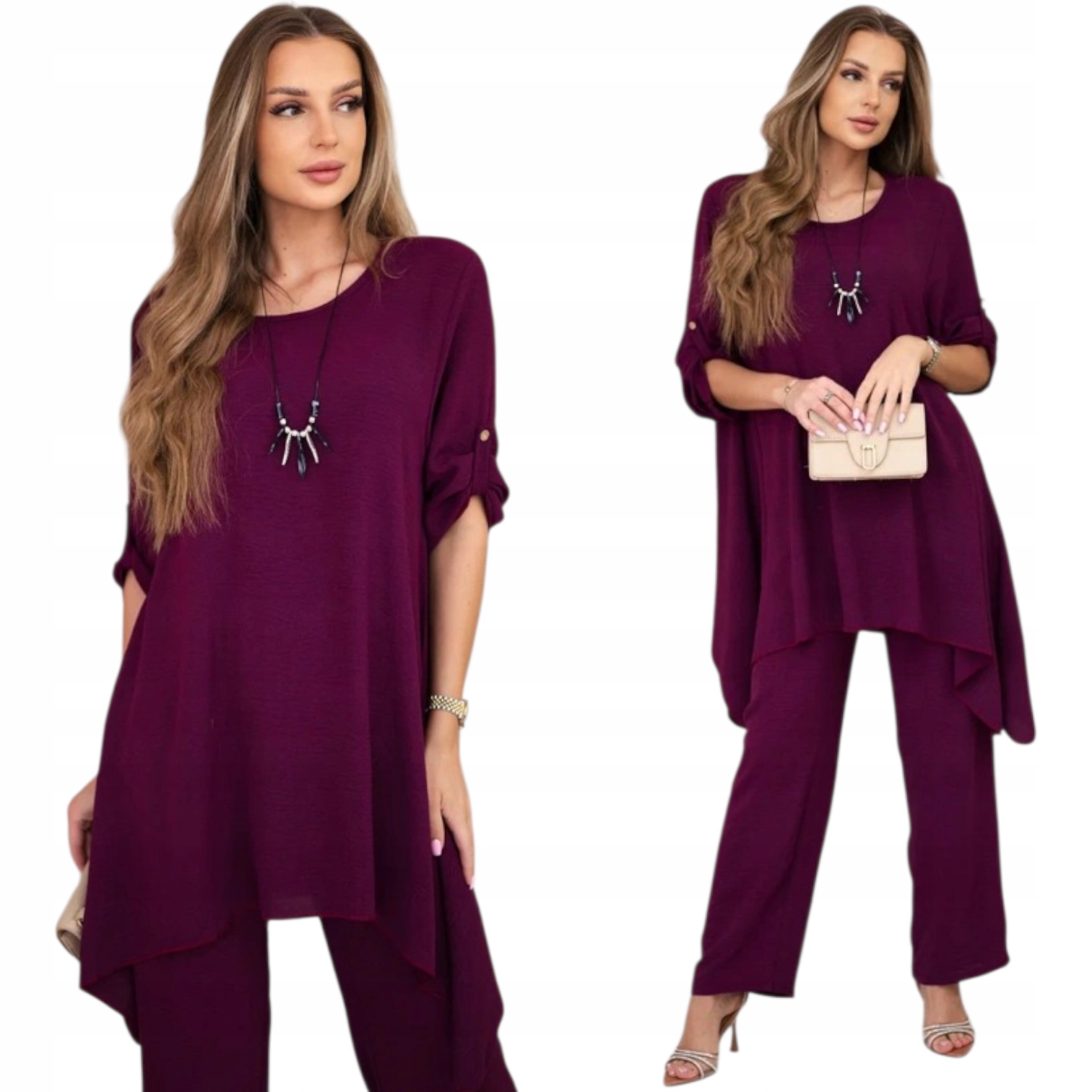 Komplet z naszyjnikiem bluzka asymetryczna plus spodnie Włoska Produkcja