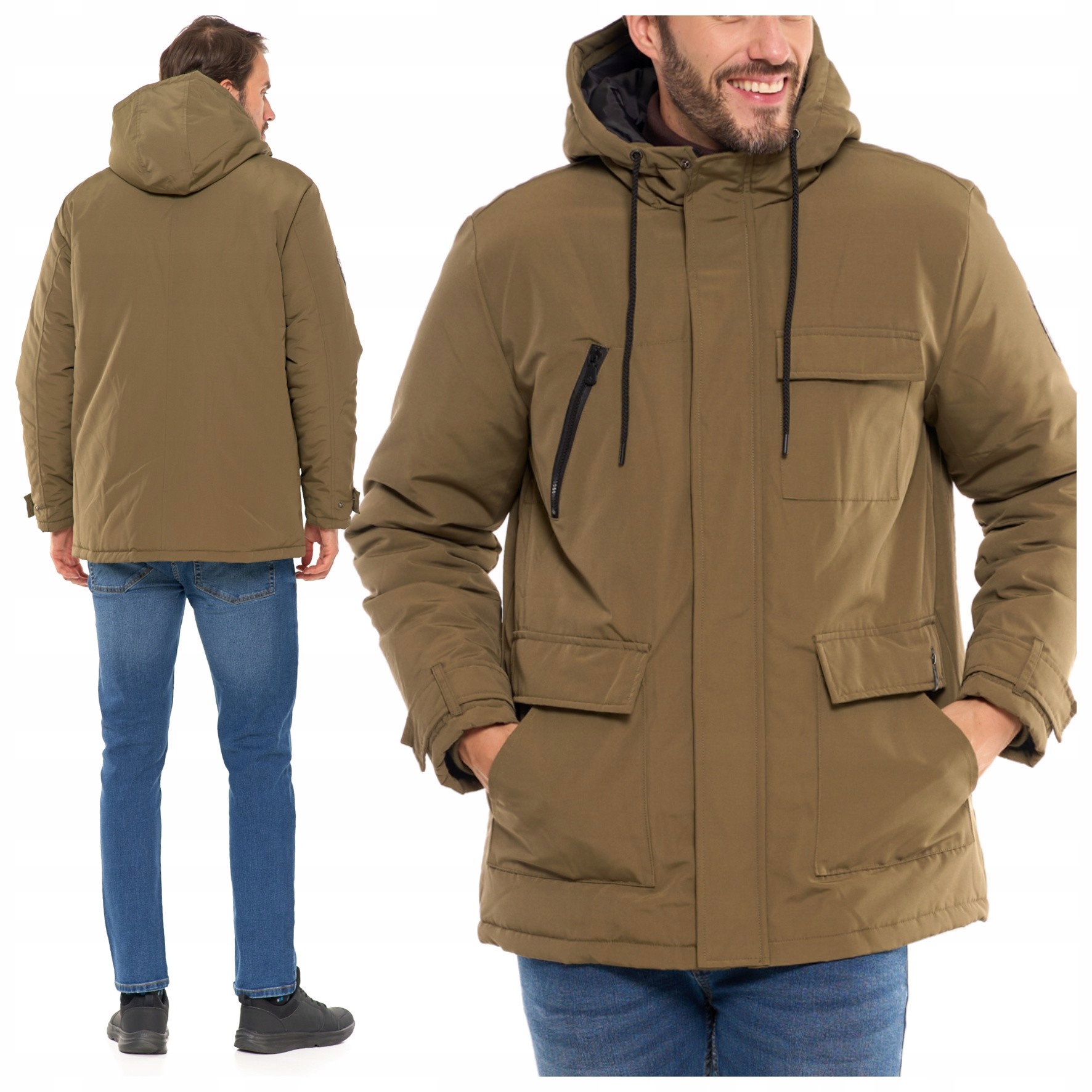 Pánská zimní bunda s kapucí Moraj s kapsami Cargo Khaki M