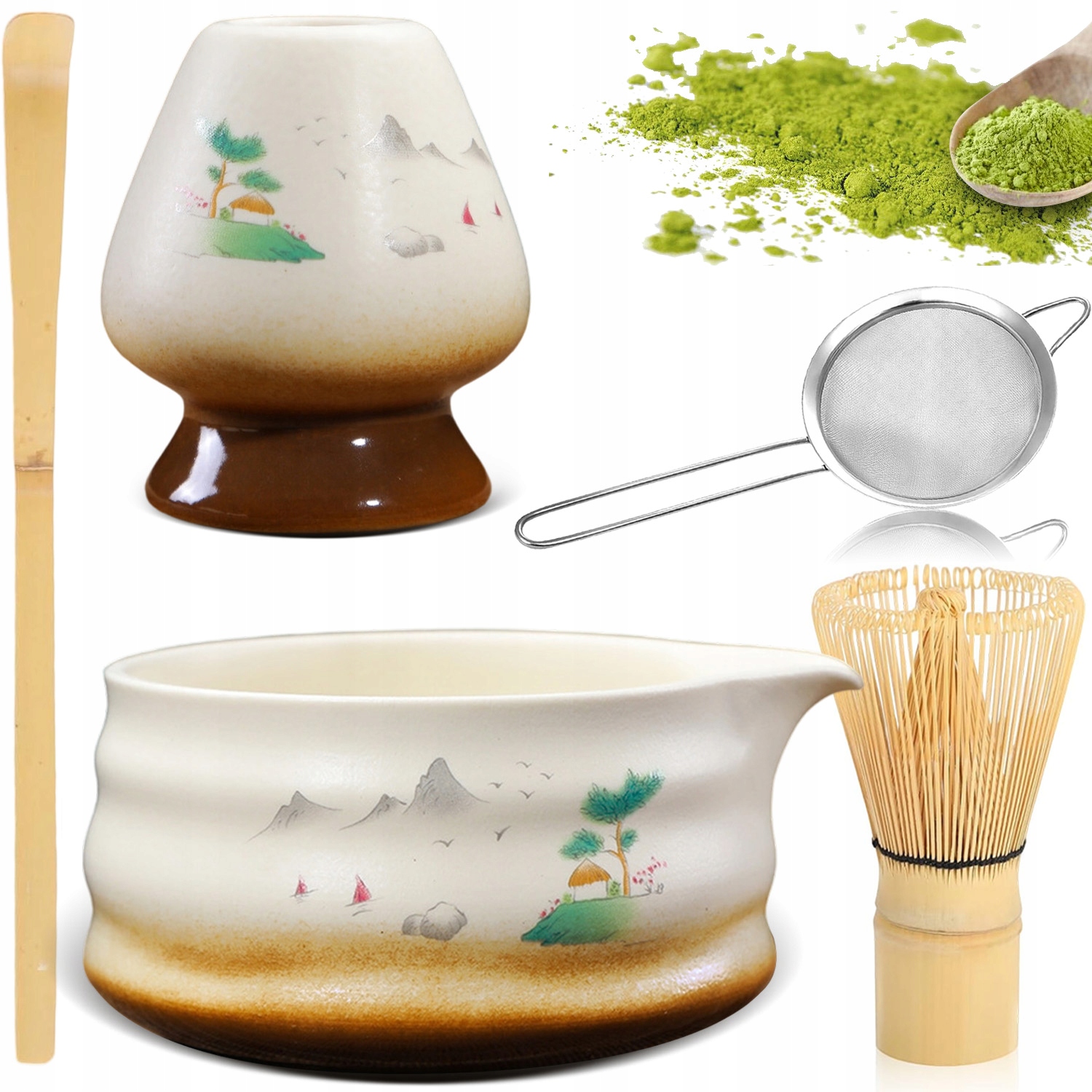 Levně 5 X Bambusová Sada Na Výrobu Matchy Šlehací Metla Lžíce Prosévač Matcha