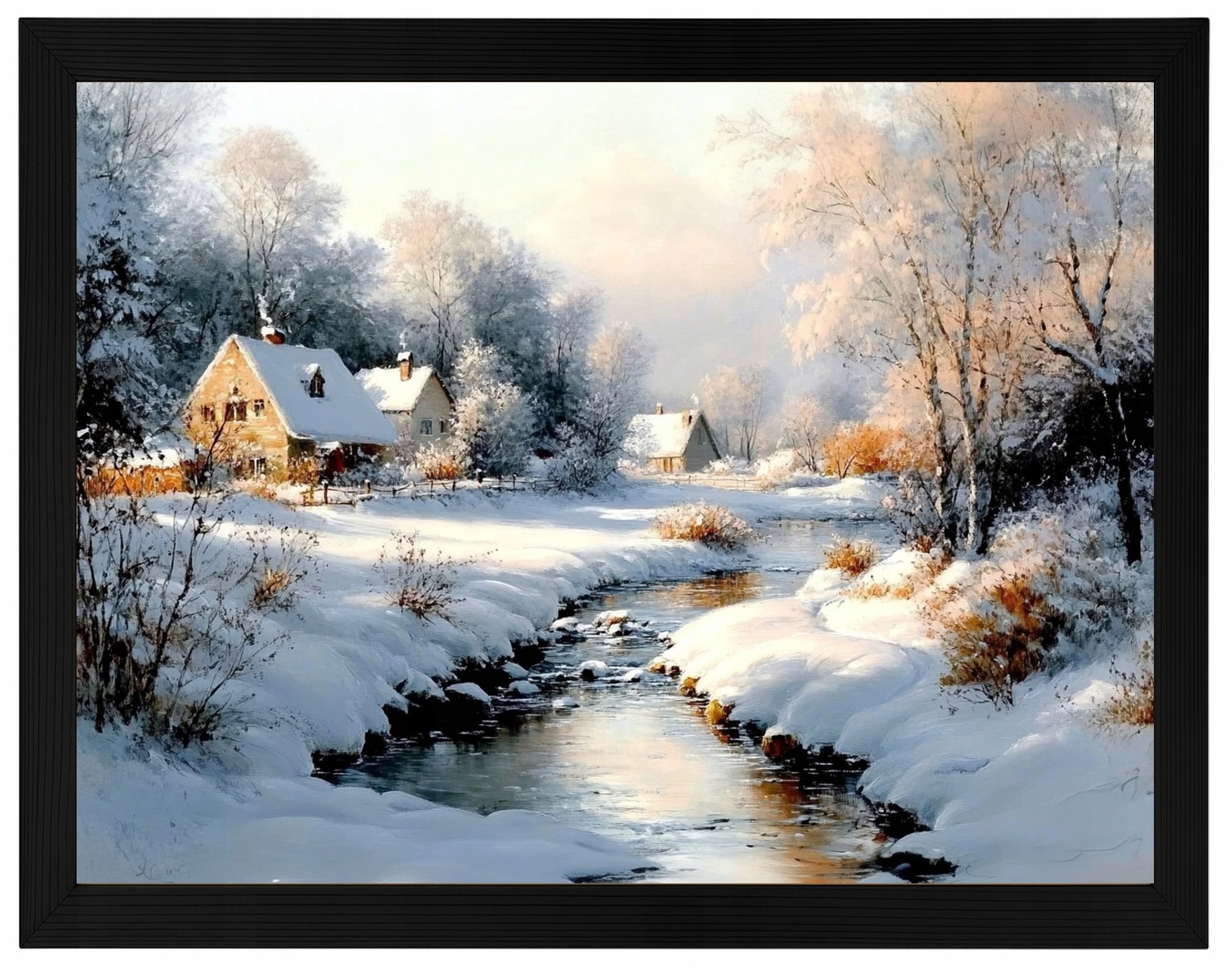 Plakát Rámeček Dřevo Krajina Zima Sníh Vesnice Řeka Potok 80x60