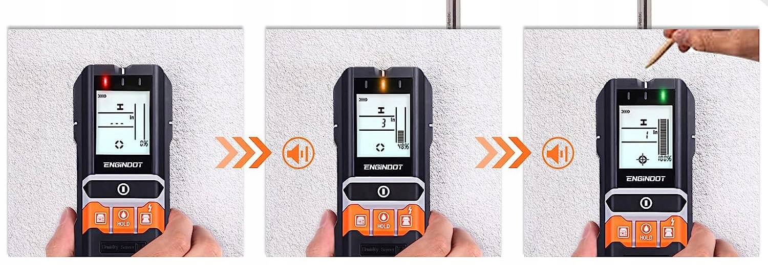 WYKRYWACZ PRZEWODÓW KABLI DETEKTOR METALI RUR W ŚCIANIE DREWNA METALU Maksymalna głębokość pomiaru dla przewodów pod napięciem 50 mm