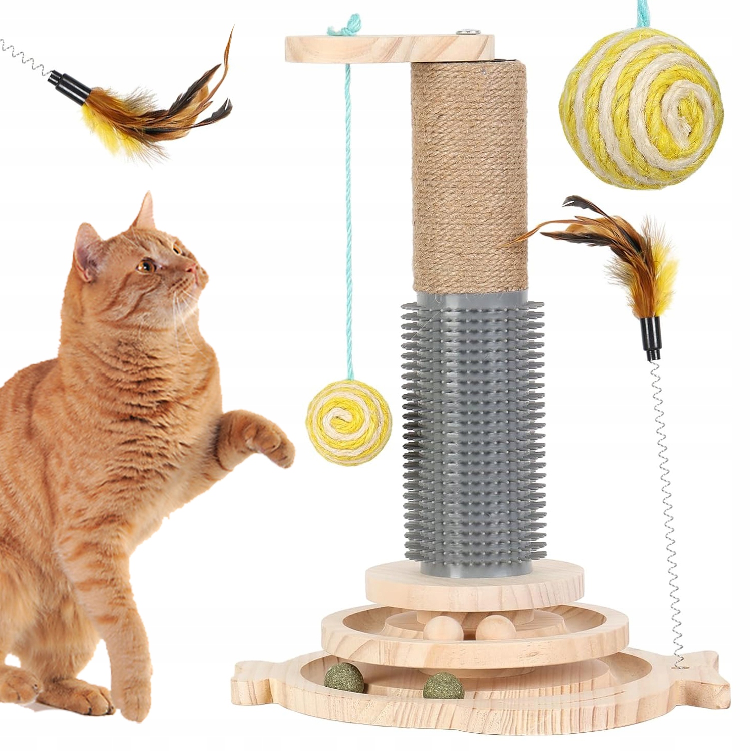 Levně Škrabadlo Pro Kočky S 2 Kuličkovými Dráhami Masážní Sloupek Na Pírko Dřevěná Základna