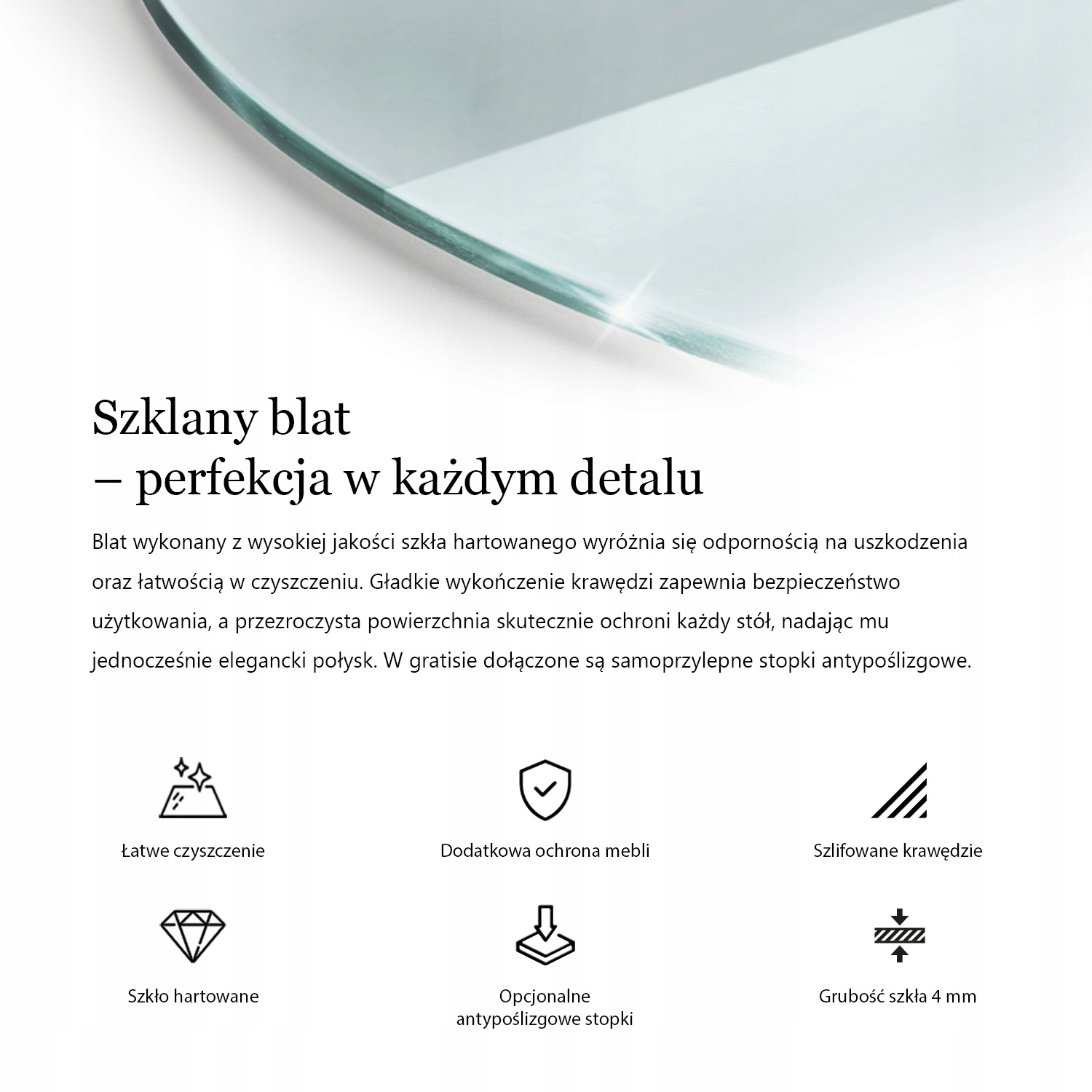 Duży blat szklany fi100 cm do jadalni szkło hartowane transparentne okrągłe Wysokość mebla 0.4 cm