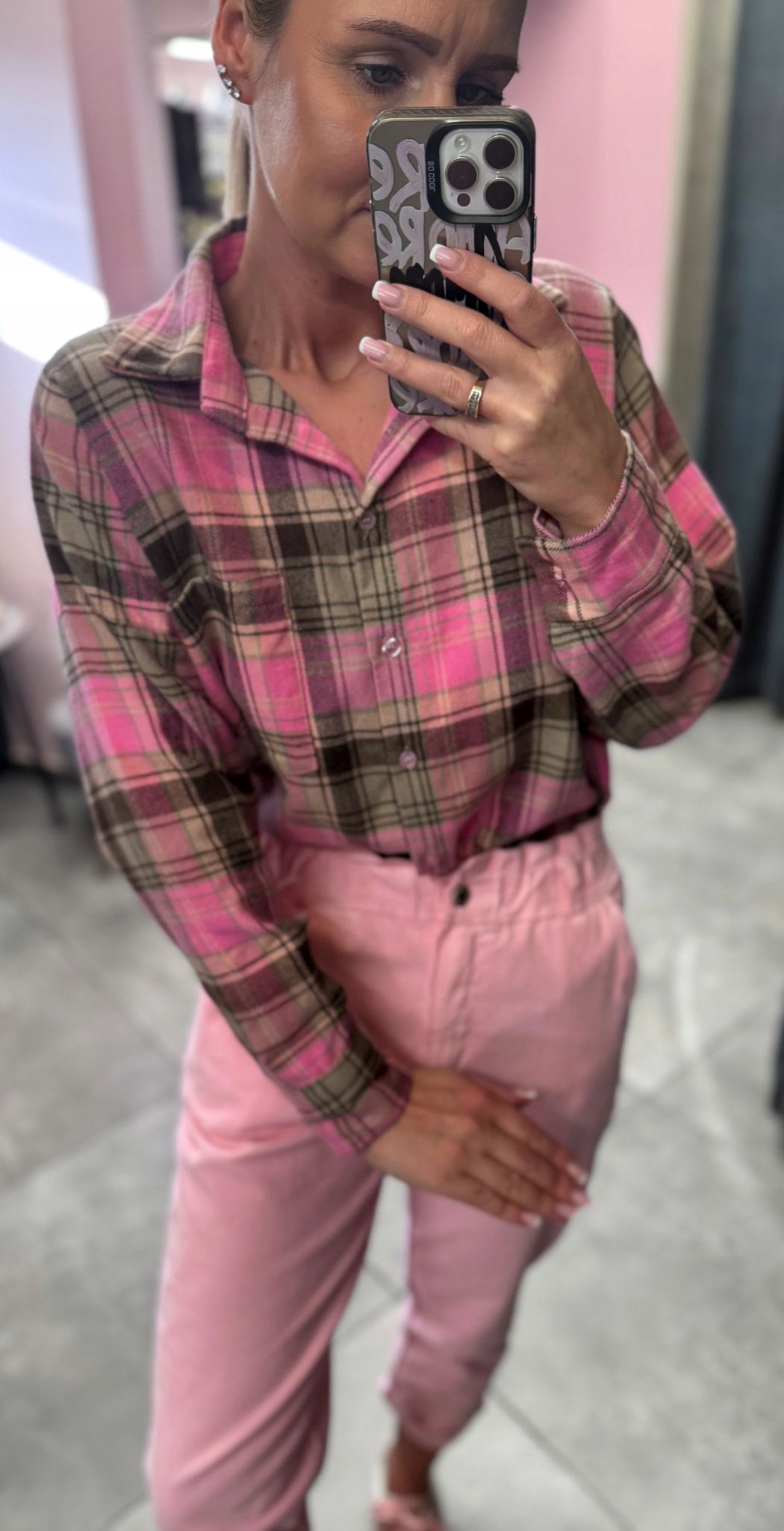 Dámská Kostkovaná Košile Růžovo-hnědá Uni.