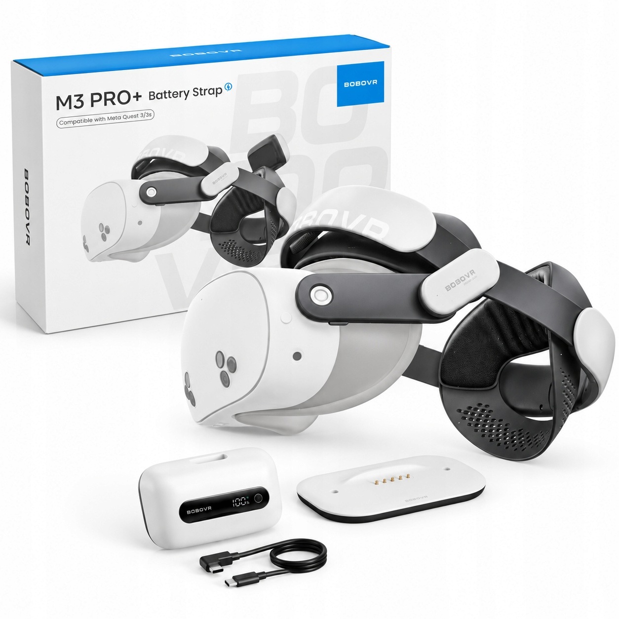 Pásek BoboVR M3 Pro+ s baterií 6500 mAh a nabíjecí stanicí pro Meta Quest 3/3S