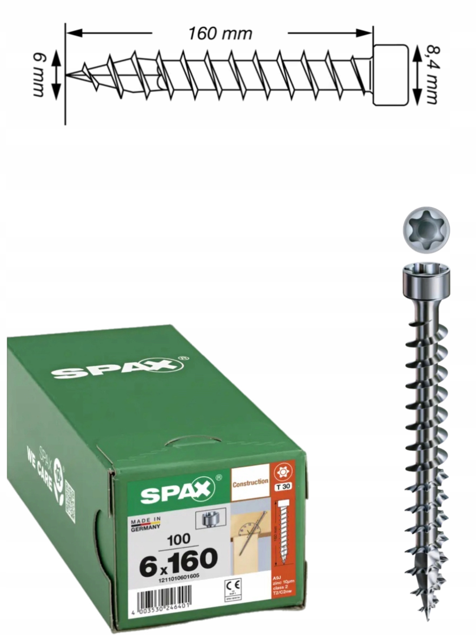 Vrut do dřevěných konstrukcí Spax Wirox 6 x 160 mm 100 ks
