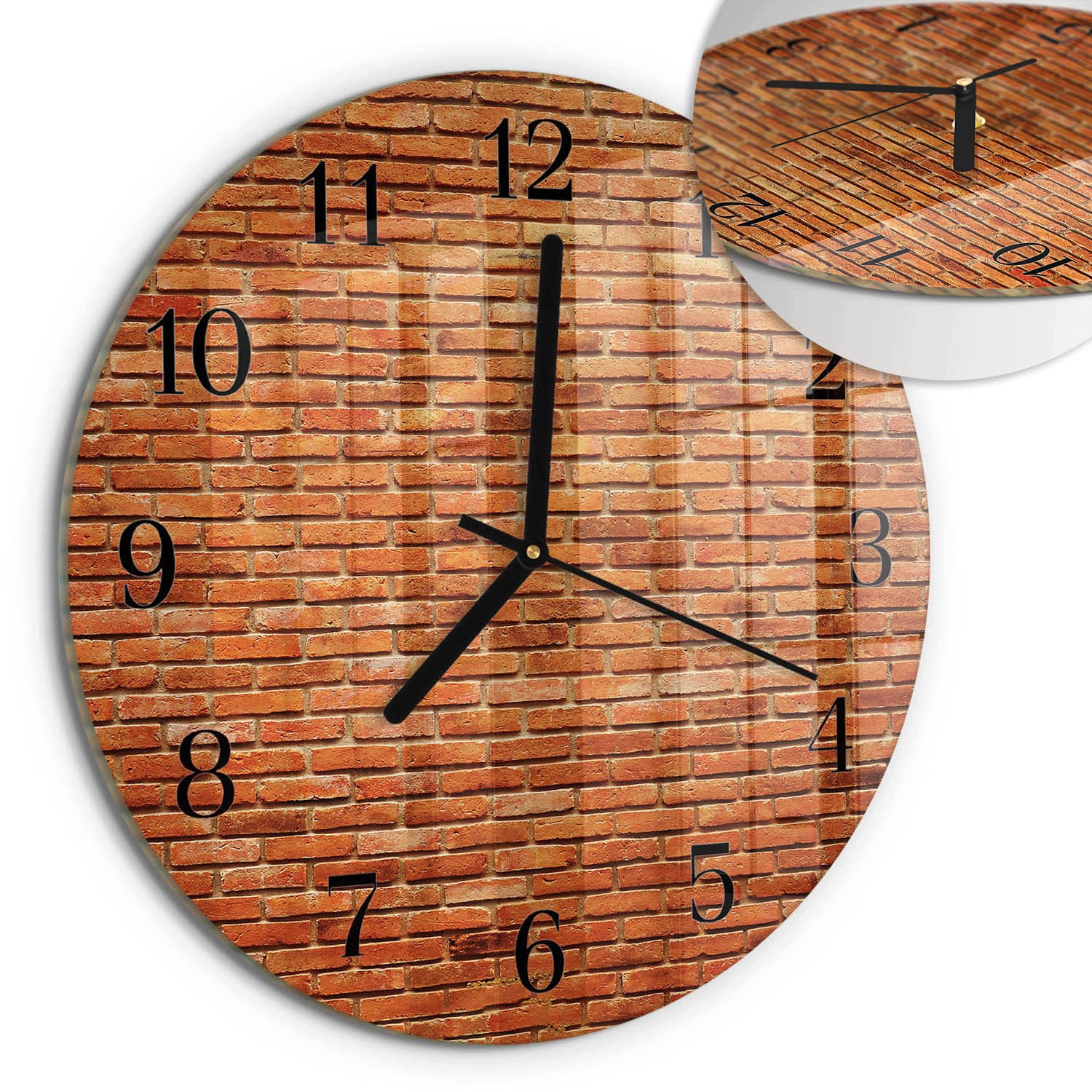 Minimalistický nástěnný skleněný hodinový stroj s stylovým potiskem Cihly fi30 cm