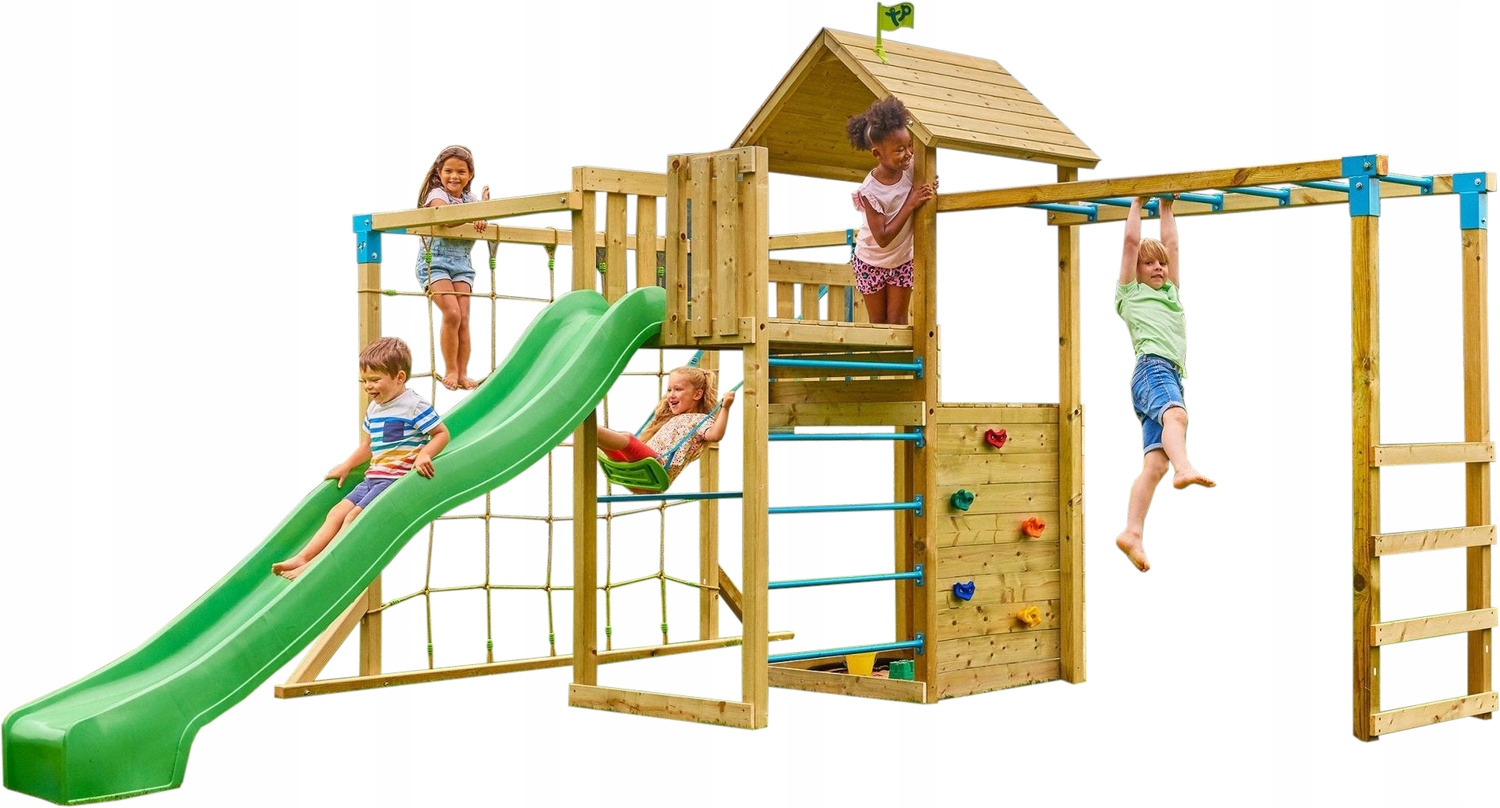 Vaikų lauko žaidimų aikštelė su nameliu su čiuožykla su smėlio dėže su sūpynėmis su laipiojimo zona TP Toys 270 cm papil