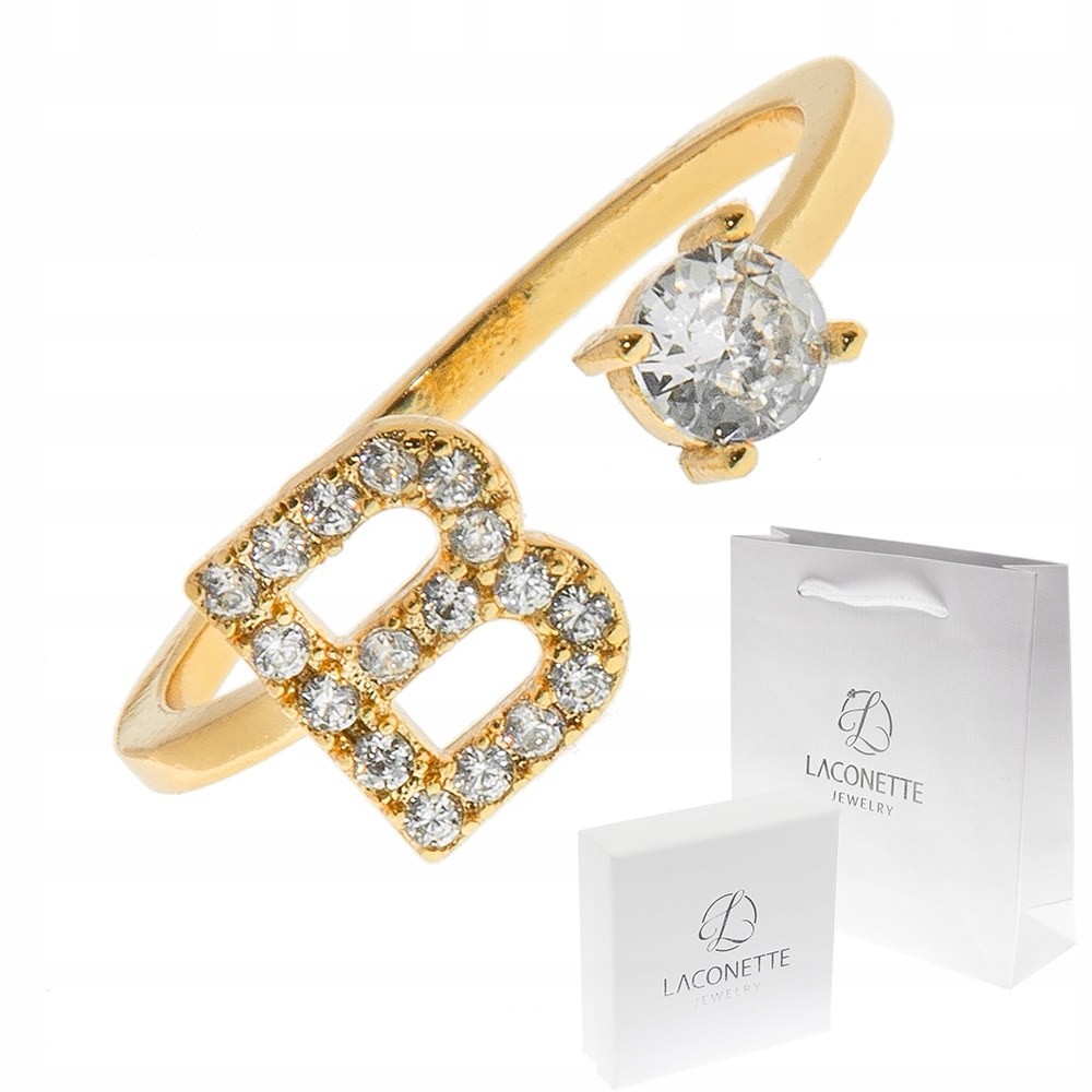 PIERŚCIONEK Z LITERKĄ B, ZŁOTO 18K CYRKONIE MIEDŹ