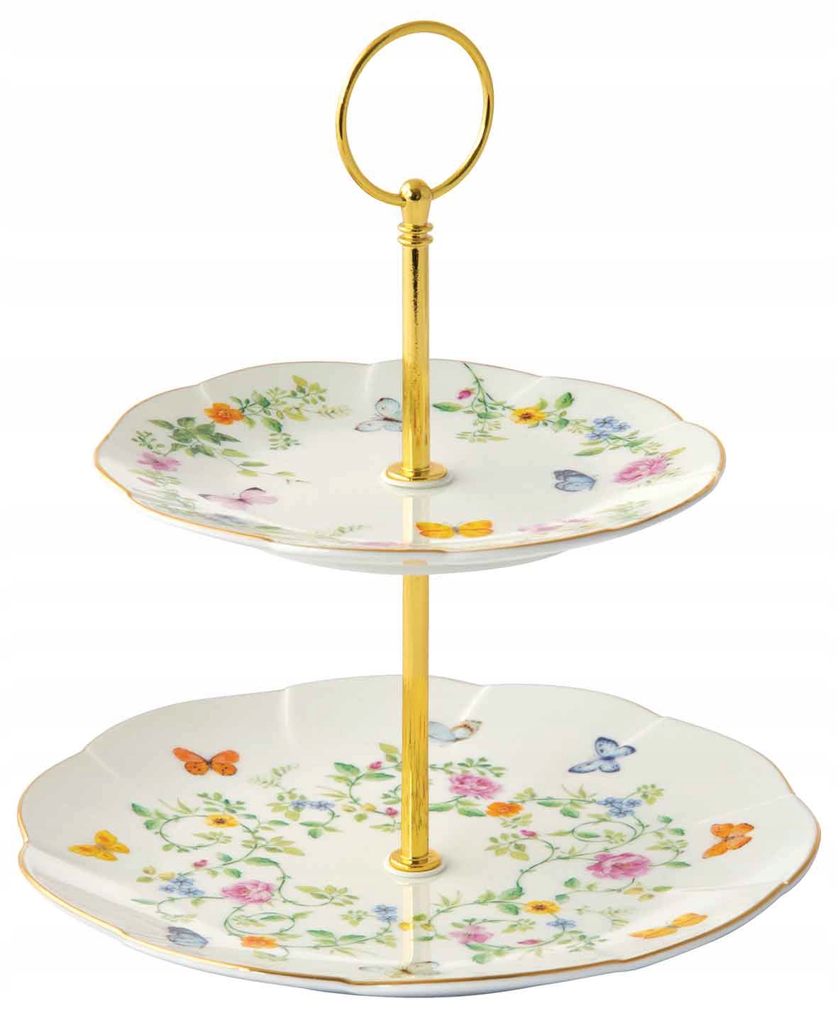 Dwustopniowa patera na ciasto 16/20 cm etażerka motyle i kwiaty, porcelana