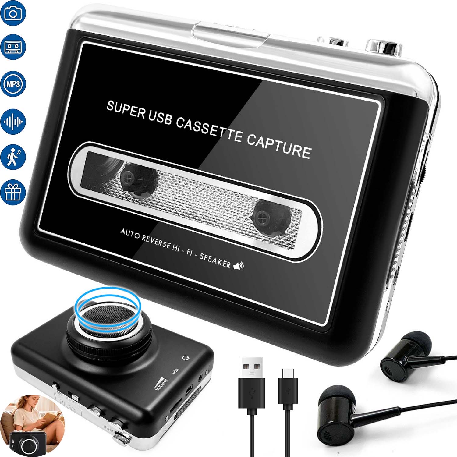 Kazetový Přehrávač Magnetofon Walkman Převodník Usb MP3 Retro Sluchátka
