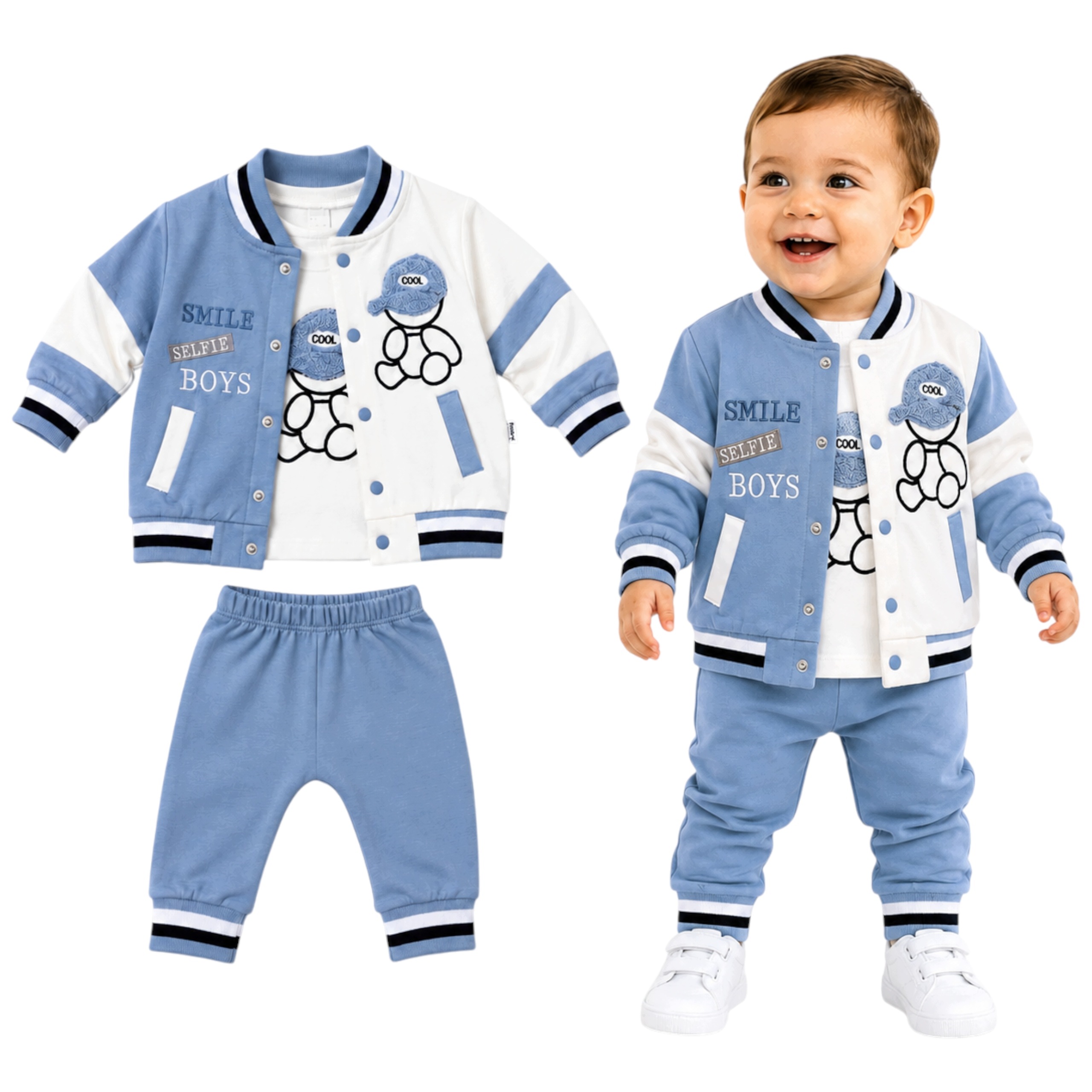 Komplet niemowlęcy dla chłopca Dres Bawełniany bluza spodenki bluzka 86