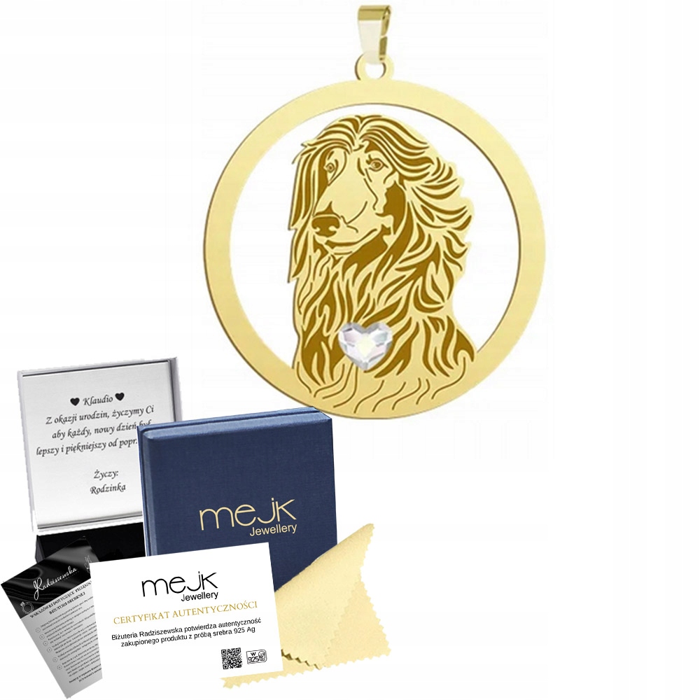 Zlatý přívěsek od Afghan Hound 925 Dárek Žena Šperky Gravírování Bonus