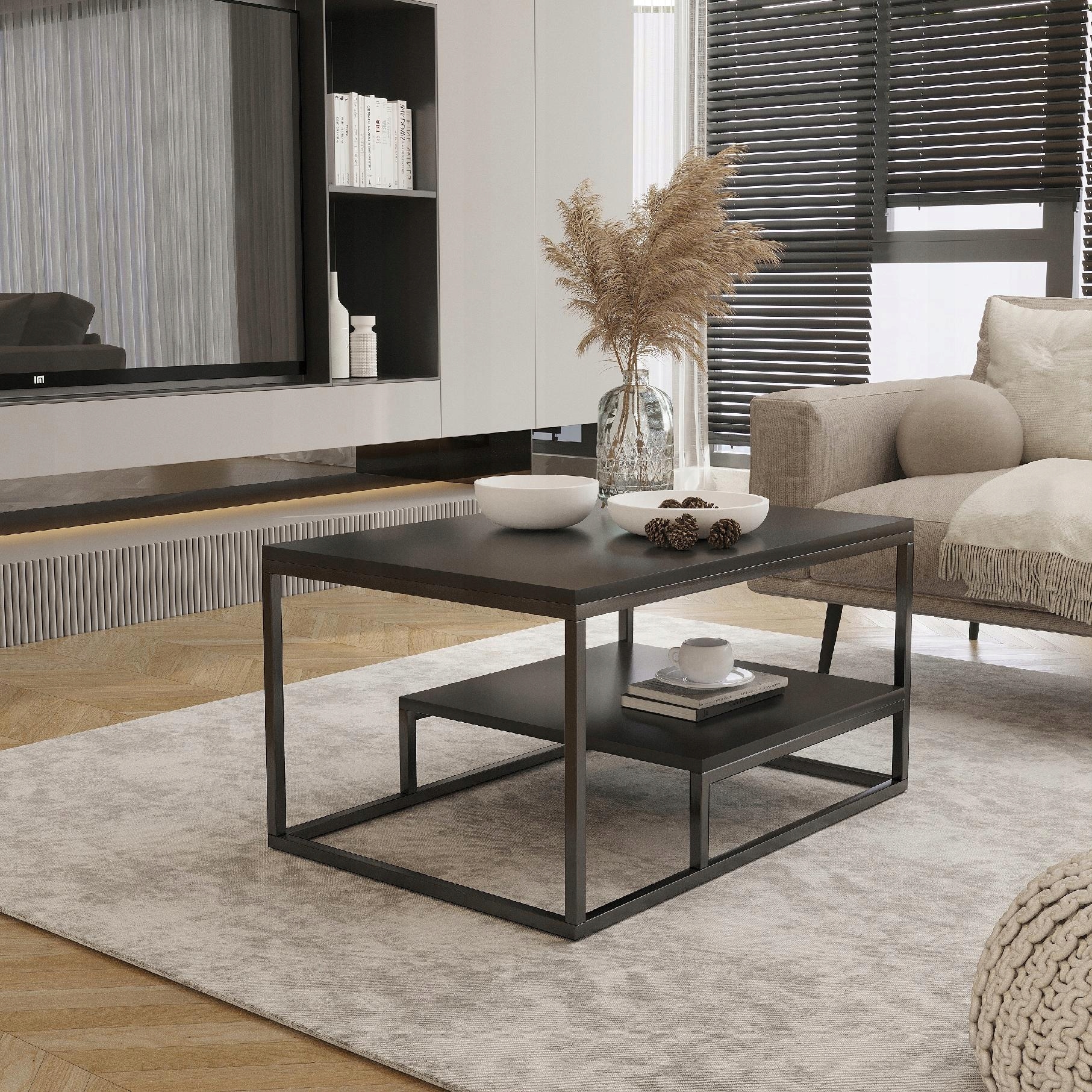 Kávový stolek s policí Loft moderní, lavice do obývacího pokoje 90x60. Černá