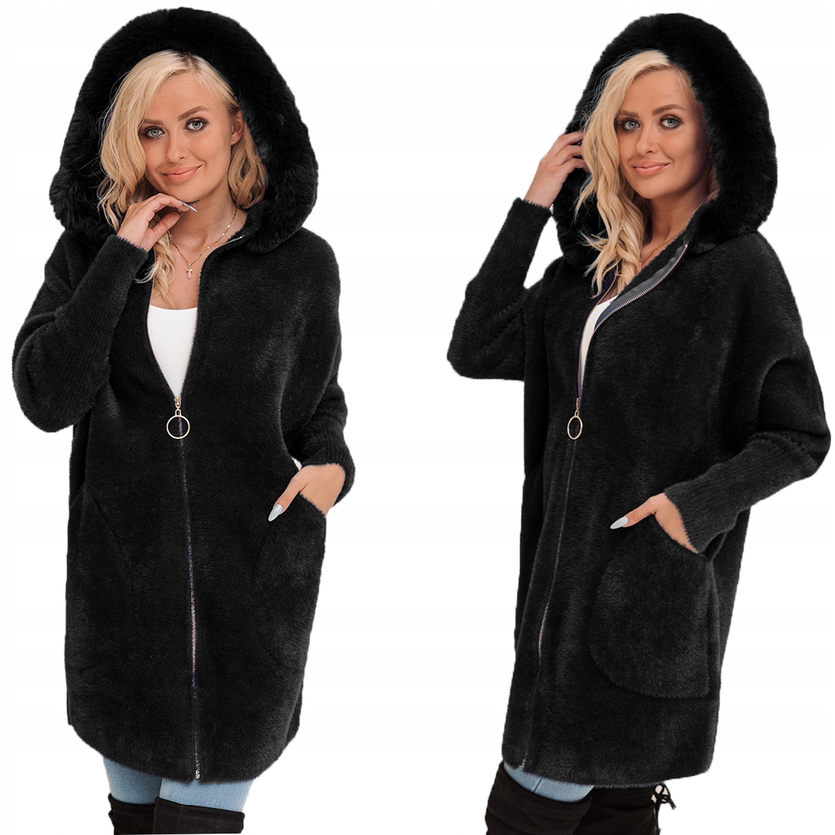 Z Futerkiem Płaszcz Alpaka Na Suwak Wełna Ciepły Czarny