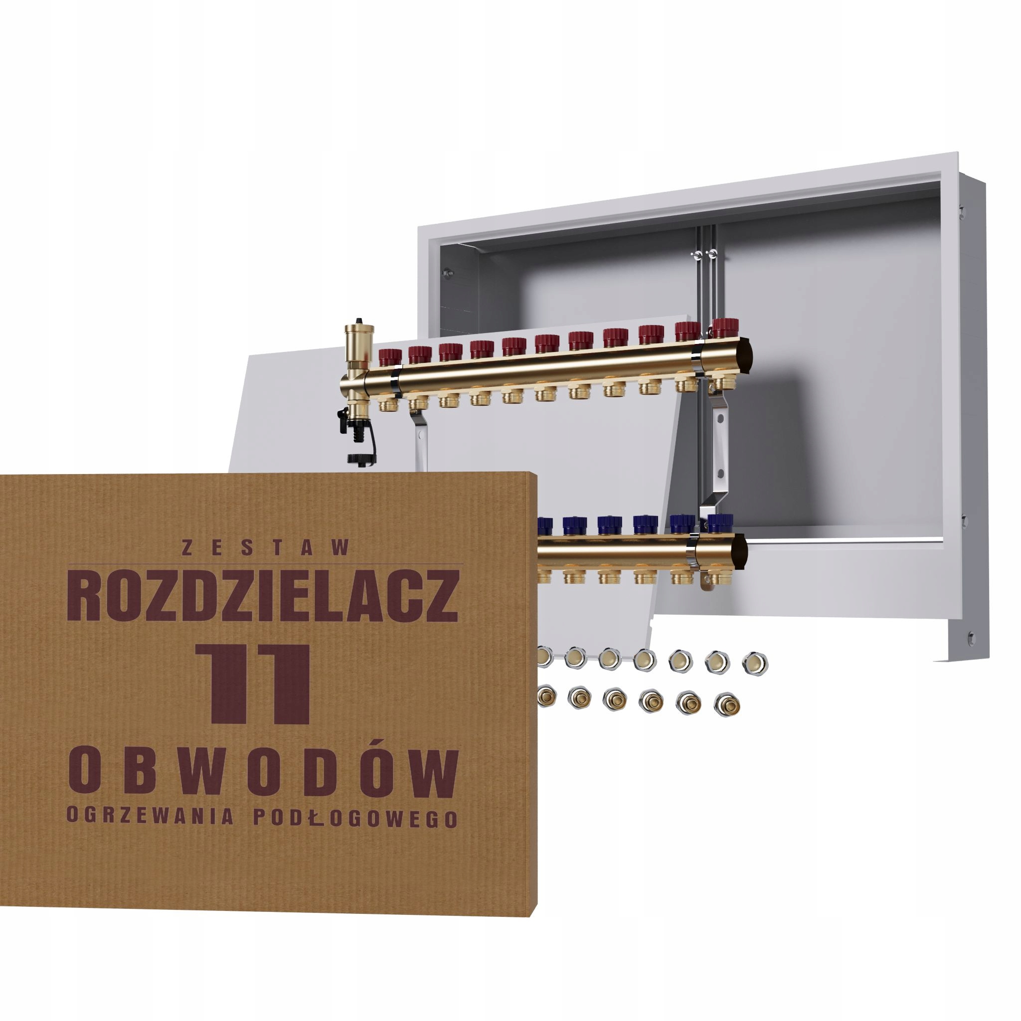 Manuální rozdělovač 11 okruhů pro radiátory podomítková skříňka Pex