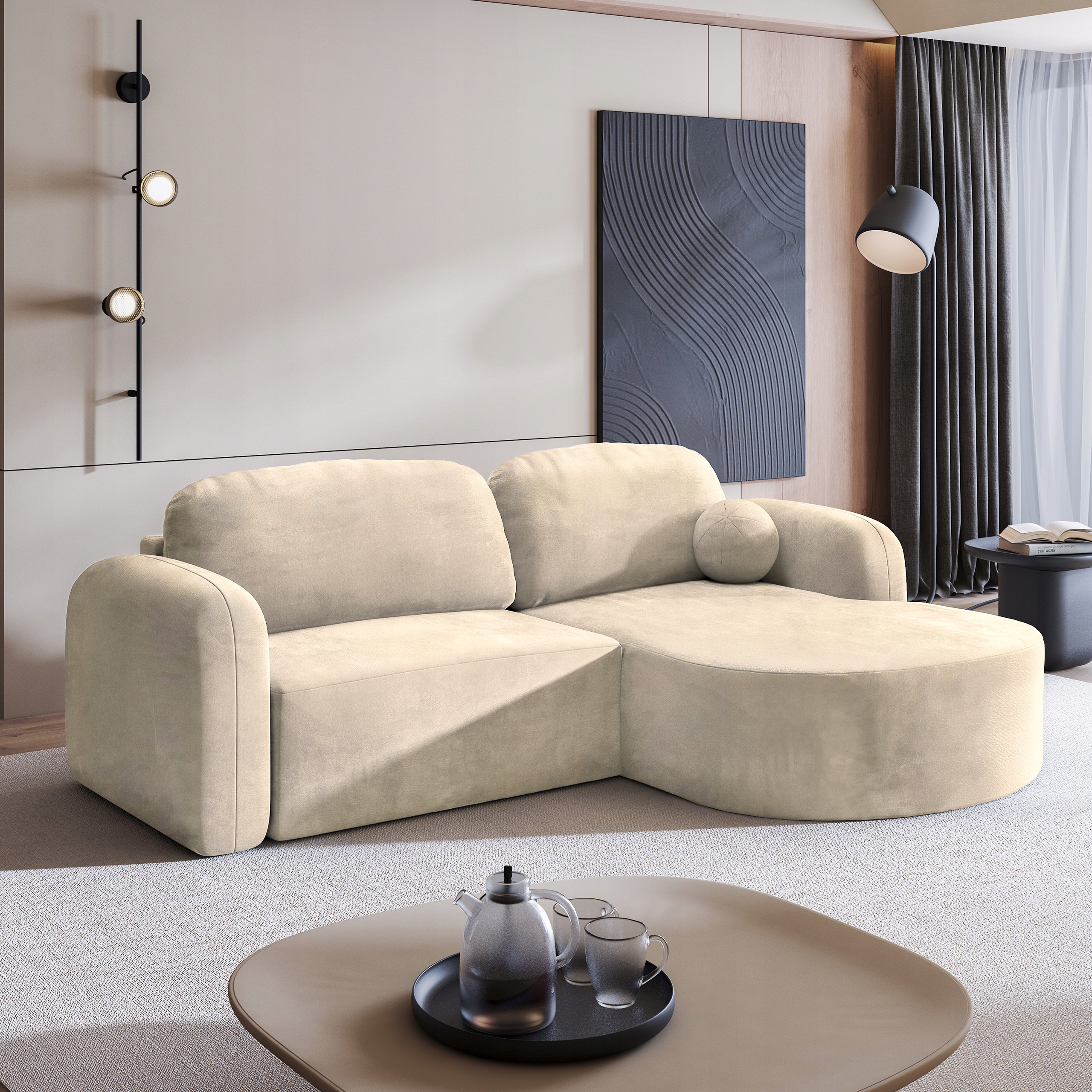 Rohová Sedací Souprava Amilia Funkce Spaní Moderní Velur Krémová