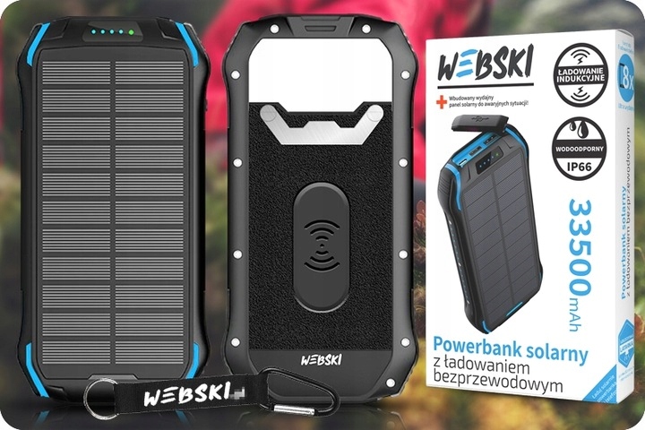 POWRBANK SOLARNY Z ŁADOWANIEM INDUKCYJNYM 33500mAh Złącza microUSB USB inne