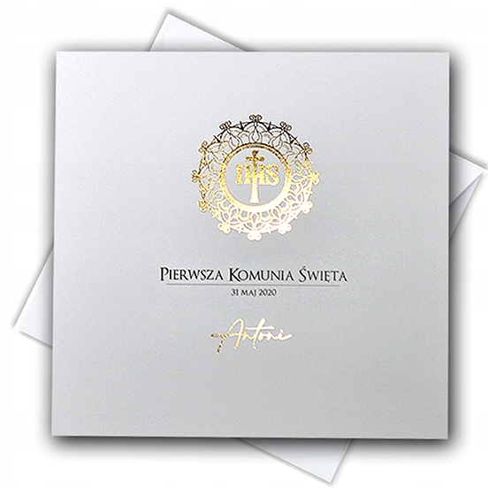 Zaproszenia na Komunię Personalizowane Hostia ZŁOCONE Eleganckie + KOPERTA