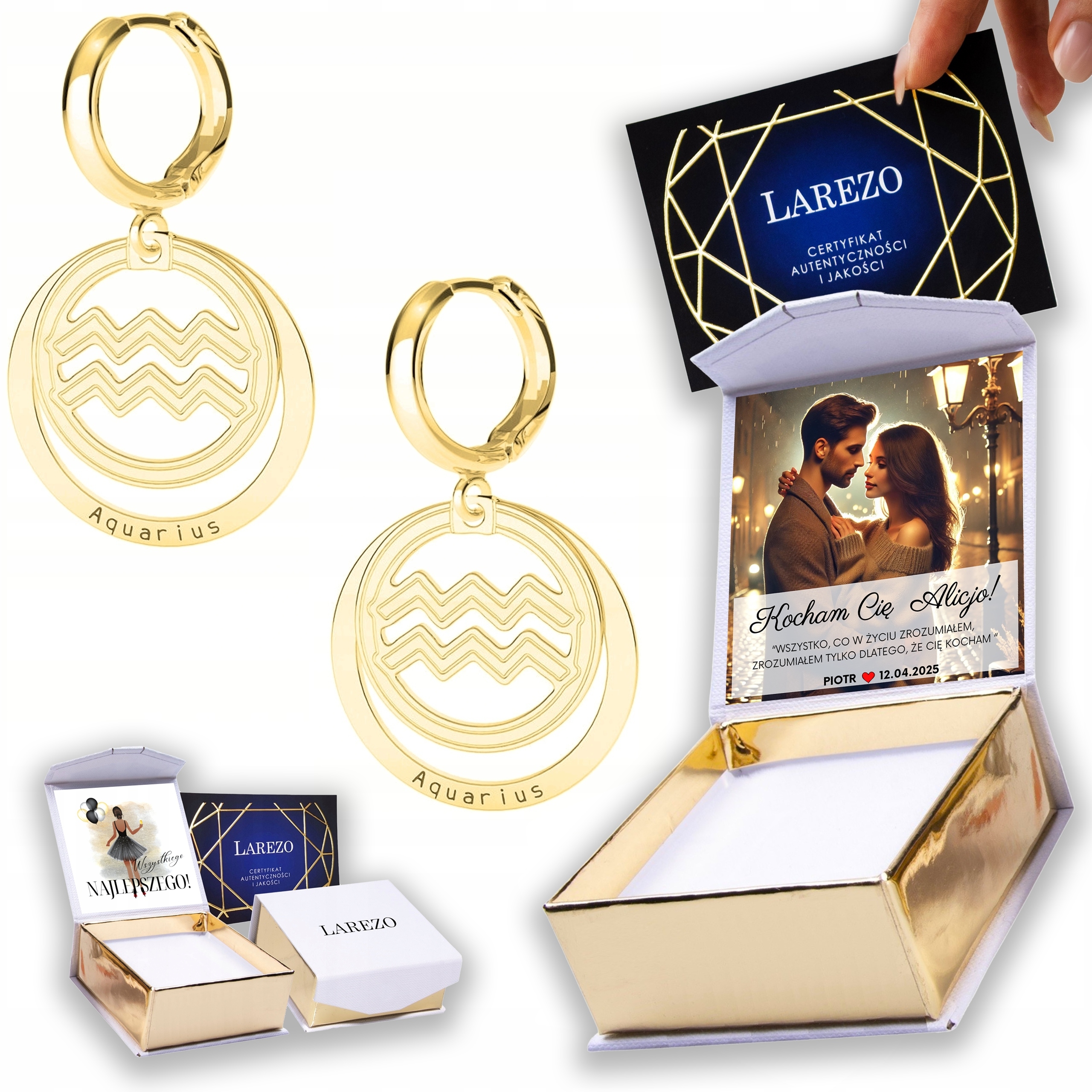 Zlaté Náušnice 925 Zodiac Zvěrokruhu Vodnář Potisk