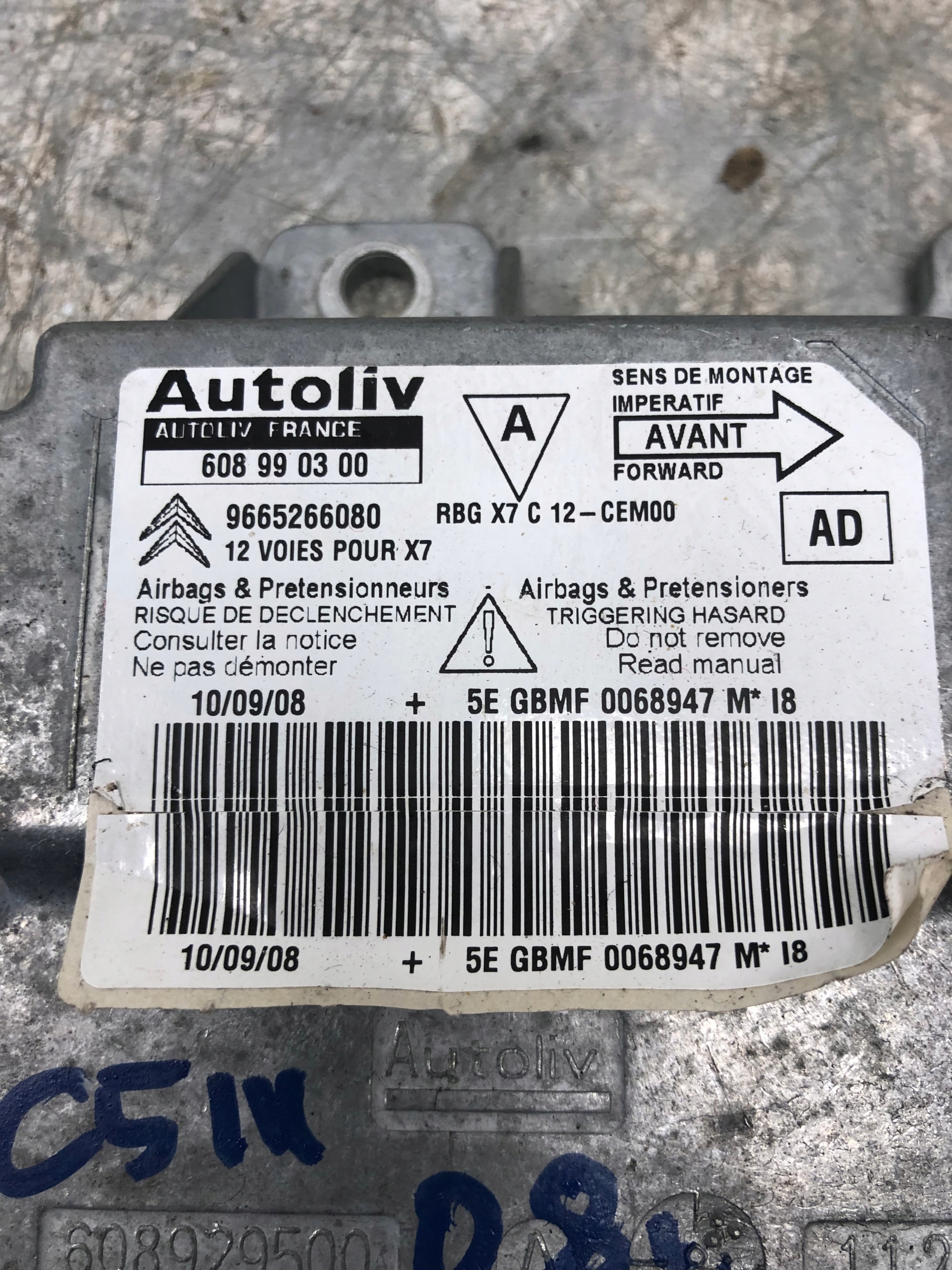 modulo SENSOR airbag CITROEN C5 III 9665266080
