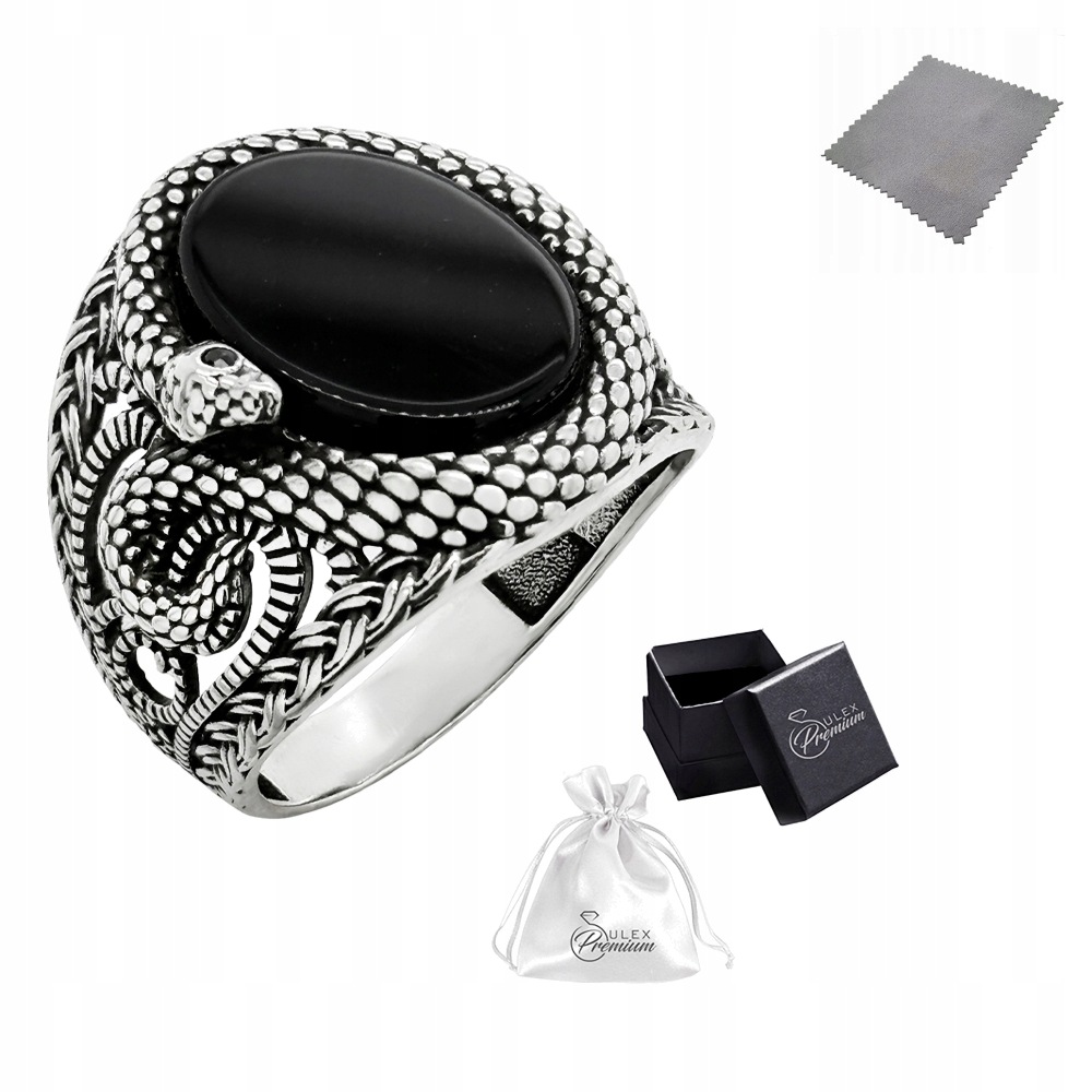 Sygnet Stříbrný ryzost 925 Had Elegantní Pánský Prsten a Onyx vel. 17