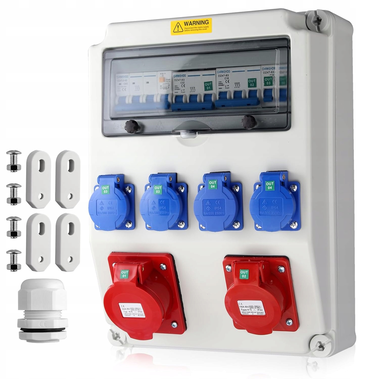 Eypins Stavebný rozdeľovač IP66 4x230V Cee 32/16A s Ls+fi