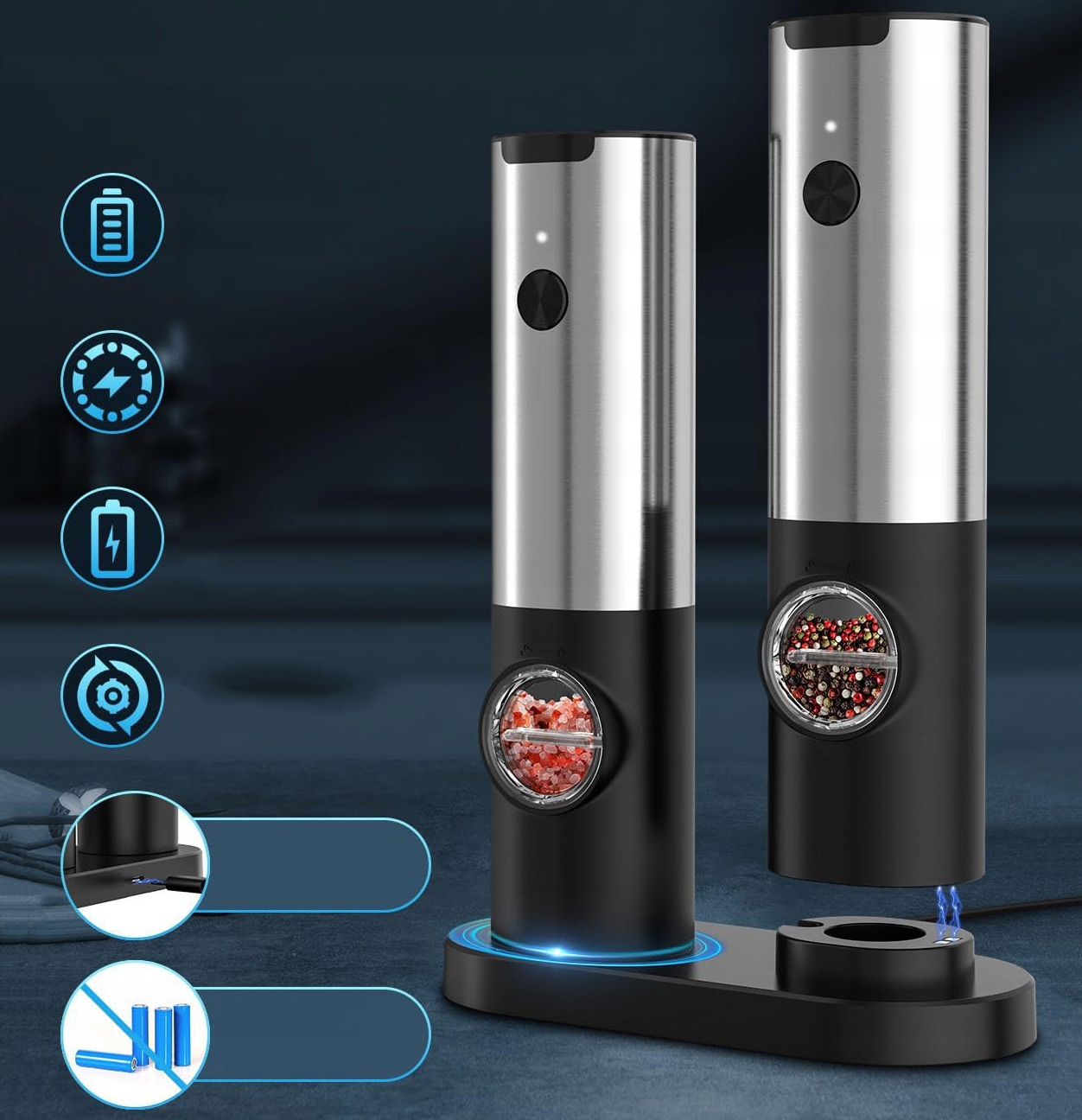 ELEKTRYCZNY MŁYNEK DO SOLI I PIEPRZU, ŁADOWANY PRZEZ USB, ZE ŚWIATŁEM LED Stan opakowania oryginalne