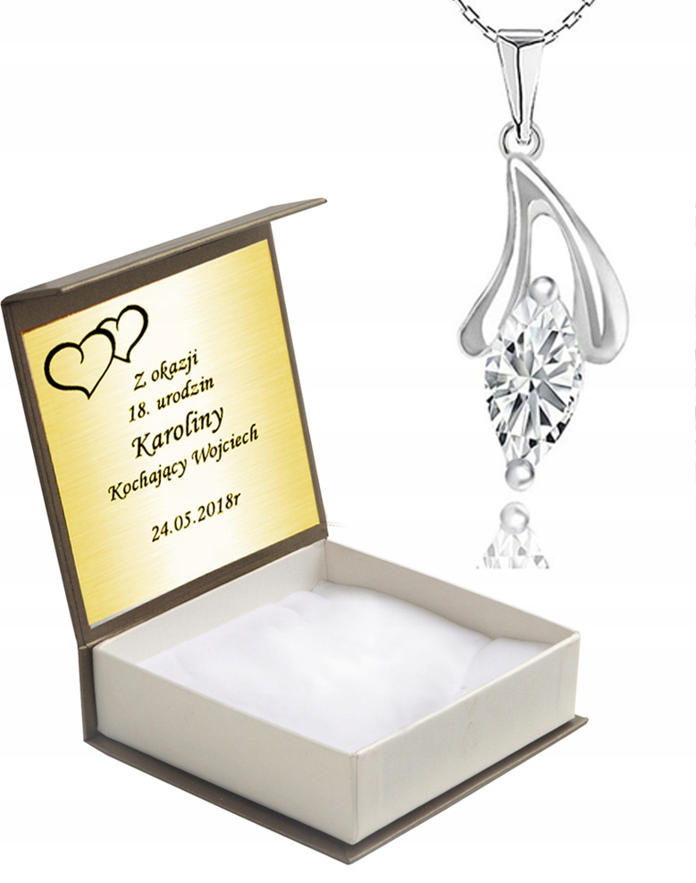 

Wisiorek Srebrny Z Cyrkonią I Łańcuszkiem + Grawer