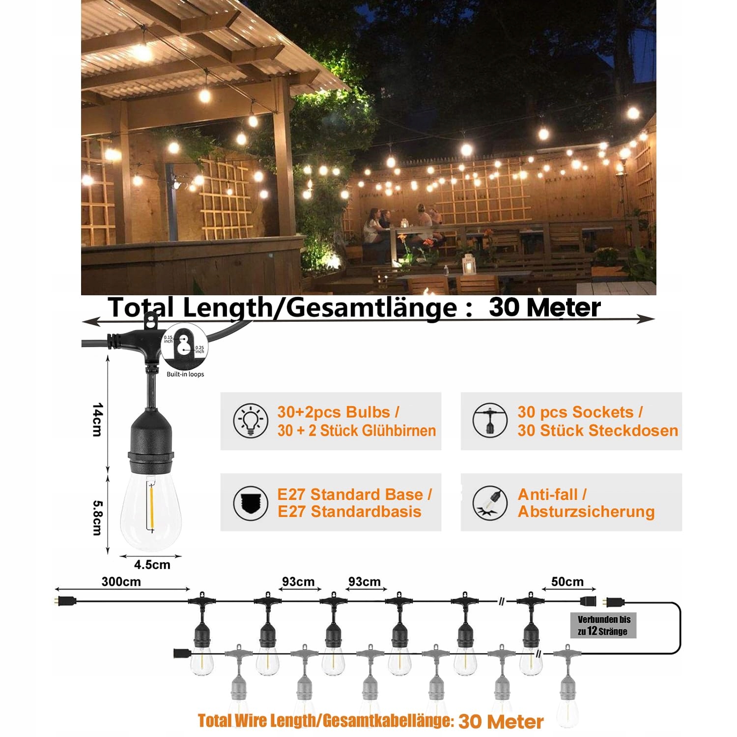 LAMPENWELT Girlanda Ogrodowa 30m IP65 32 Żarówki Edison 2200K Ogród Patio — miniatura 2