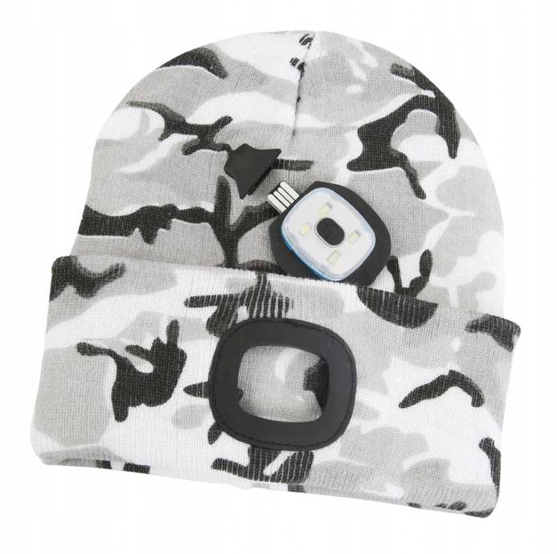 CZAPKA ZIMOWA Z LATARKĄ 4xLED SZARA MORO