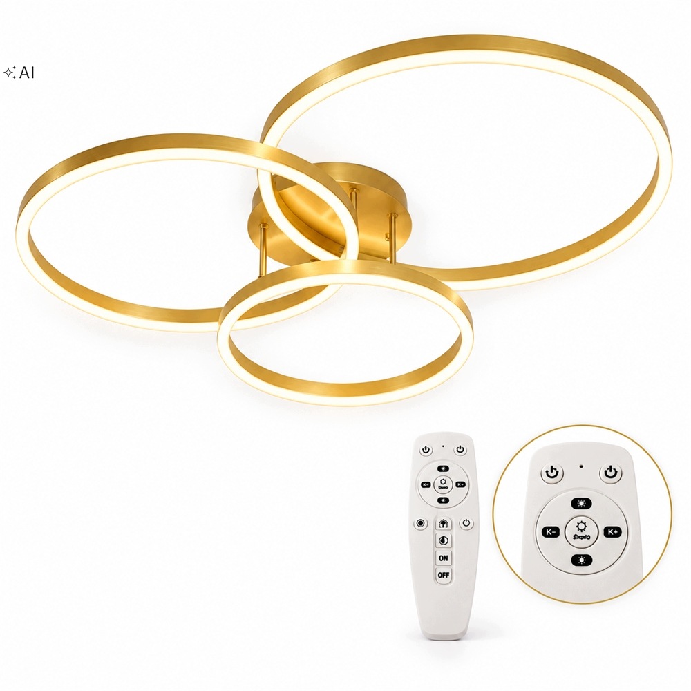 Závěsná Lampa 3 Led Kroužky, Zlatá, Stropní, 120 W, S Dálkovým Ovládáním, 82 CM