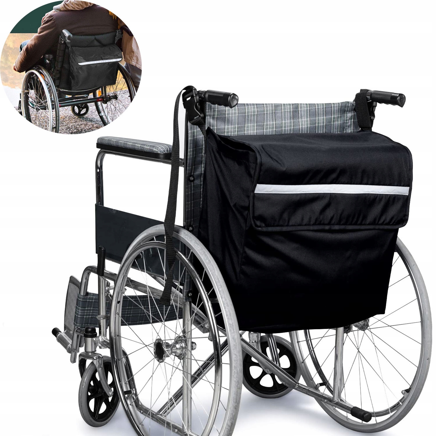 PLECAK NA WÓZEK INWALIDZKI TORBA NA WÓZEK INWALIDZKI Z ODBLASKOWYMI PASKAMI