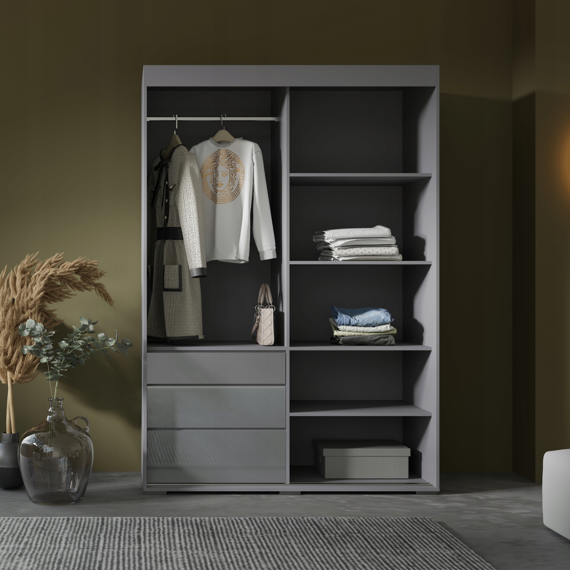 Szafa przesuwna z szufladami Torino 2D 140 Szara (lacobel)