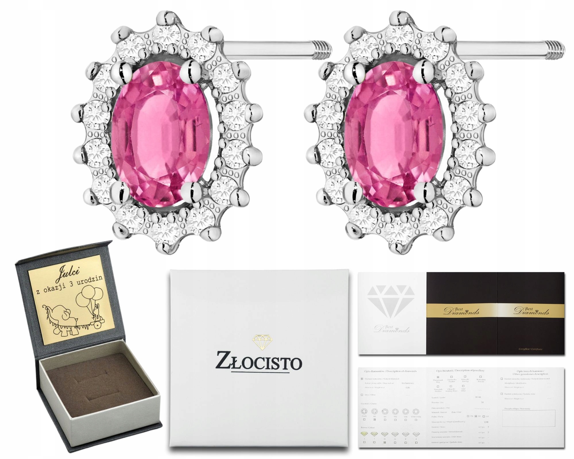 Bílé Zlato Náušnice Růžový Topaz Diamanty Šroubovací Tužka Zlato 585