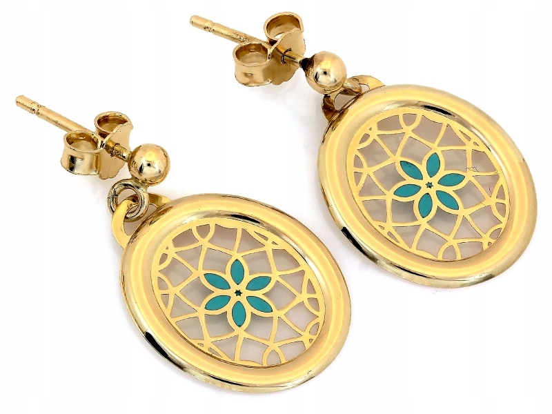 Náušnice zlaté 585 s tyrkysovým smaltovaným kvítkem na tyčince 14k