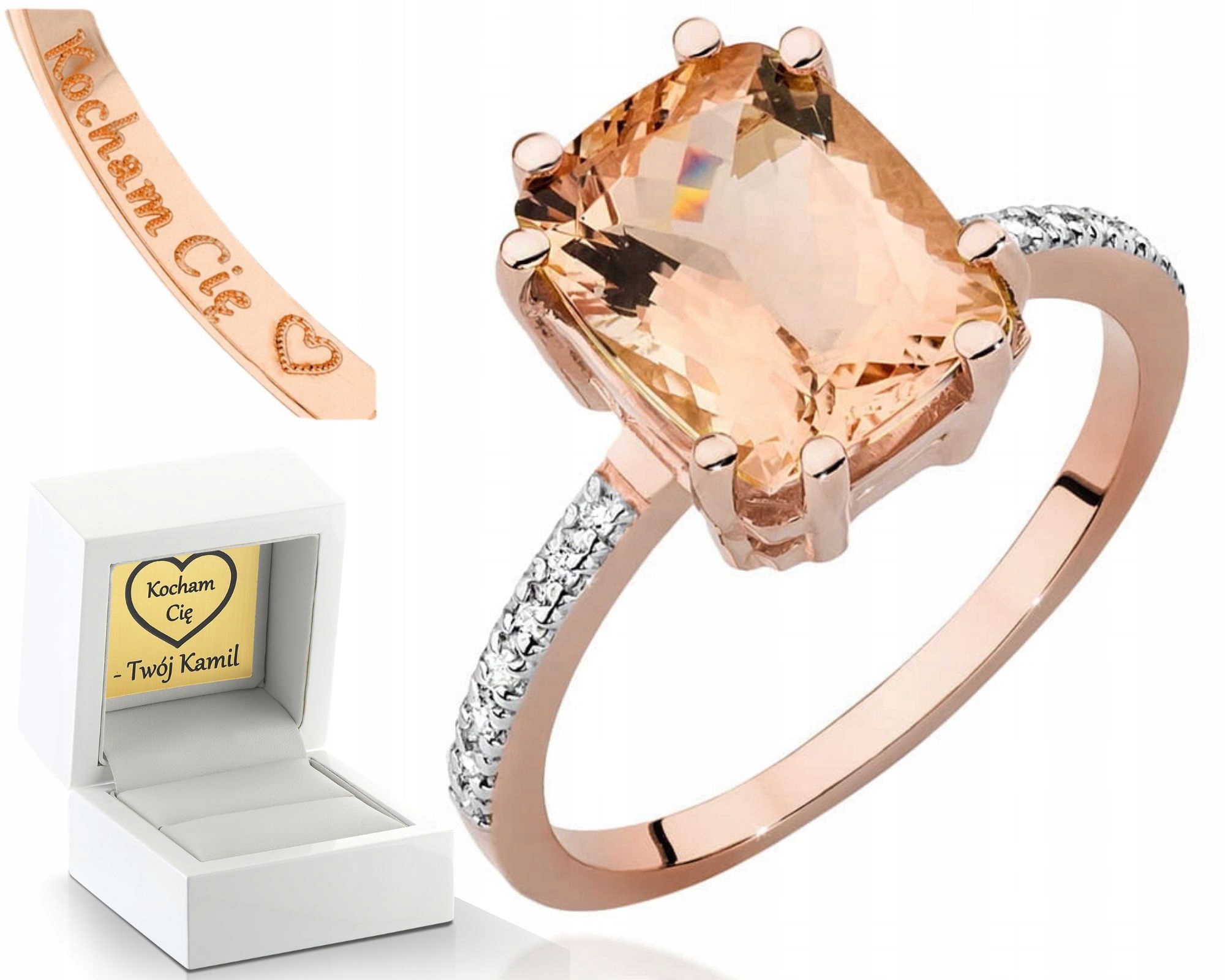 Zlatý Prstýnek S Morganitem A Brilianty Růžové Zlato Gravírování 585 Dárek