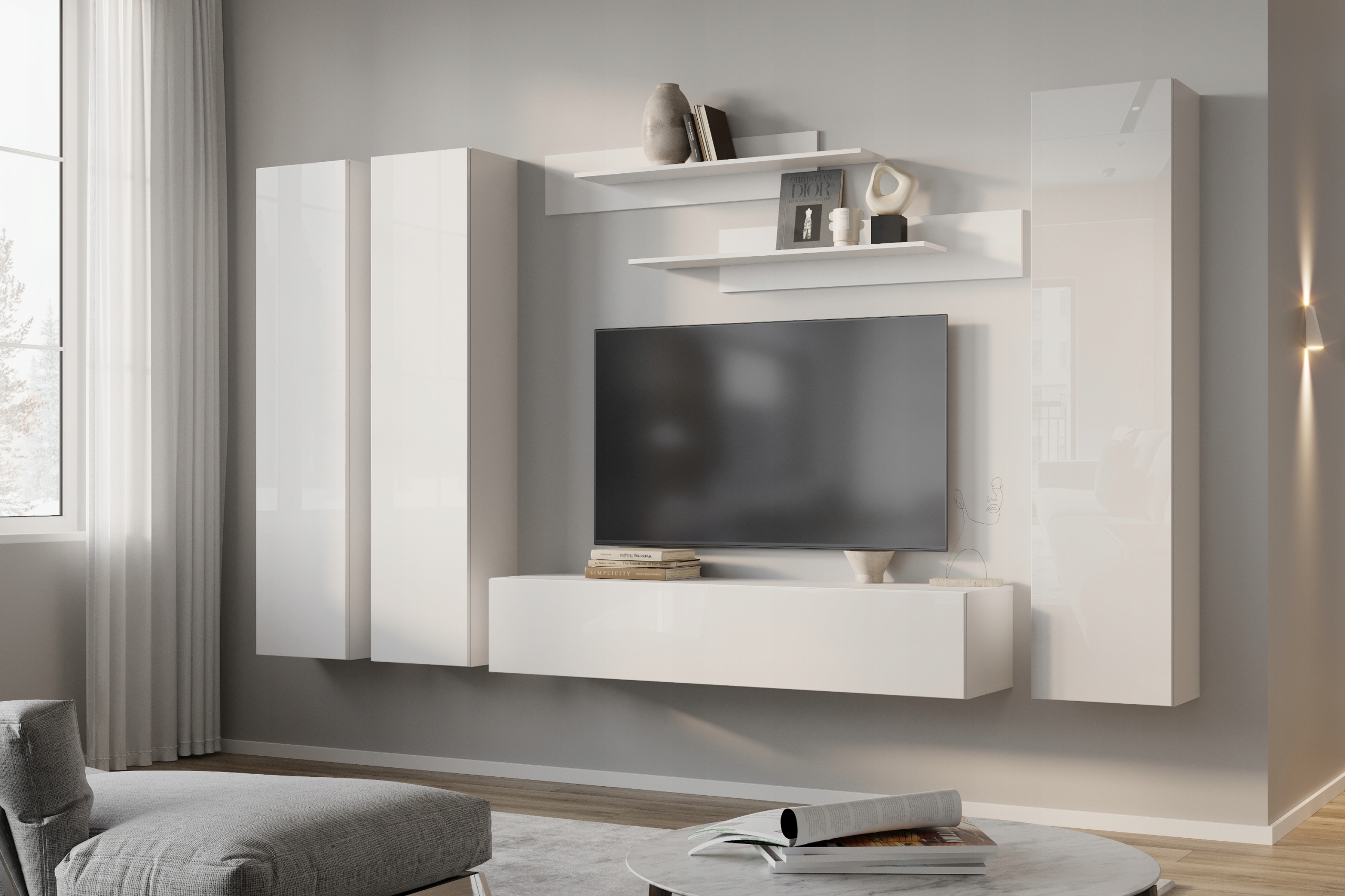 Point K-14 Meblościanka, Biały Połysk Akryl,laminowana Płyta, 360х170х40 cm