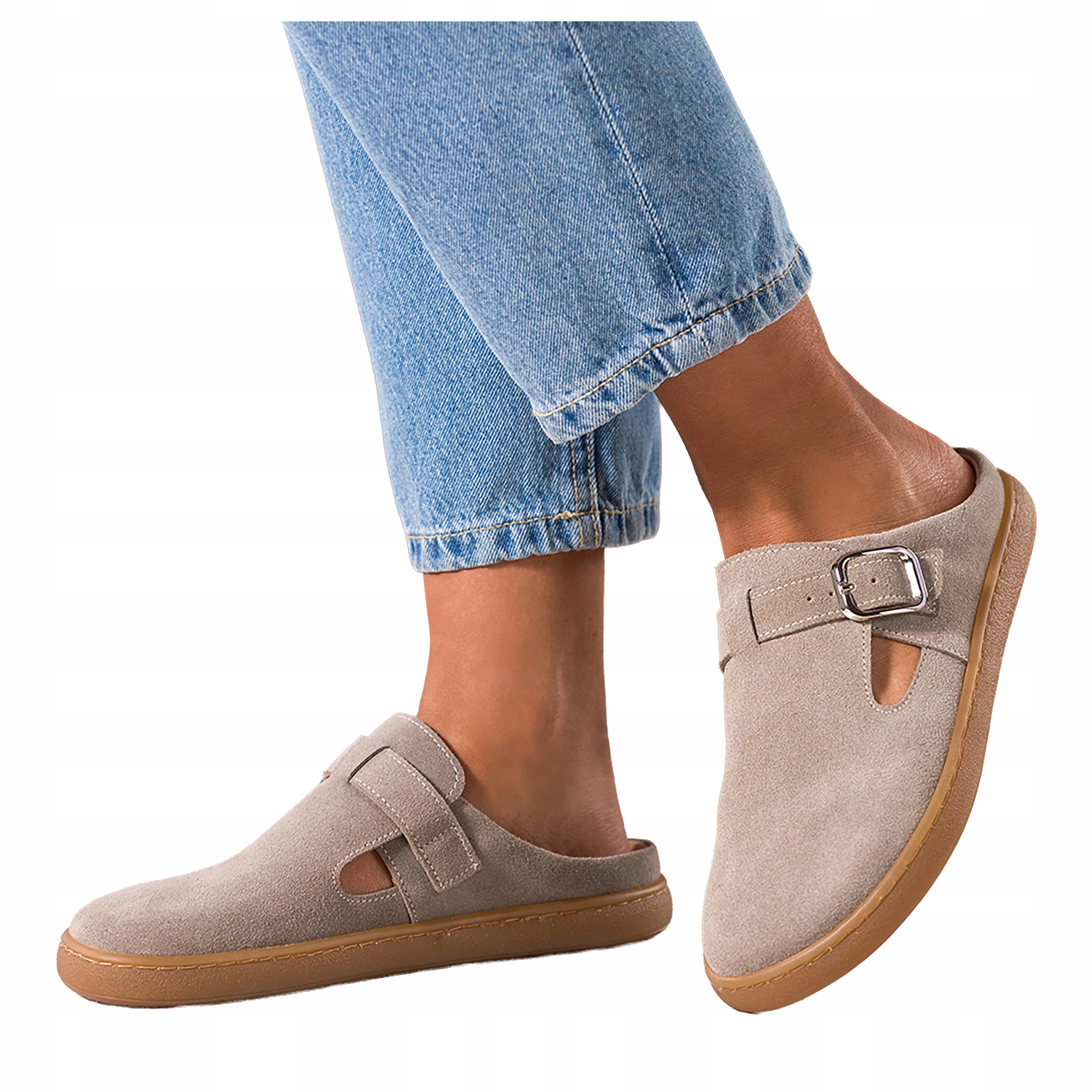 Nazouváky Béžové Barefoot Dámské Kožené Široké Pásek Stříbrná spona vel. 39