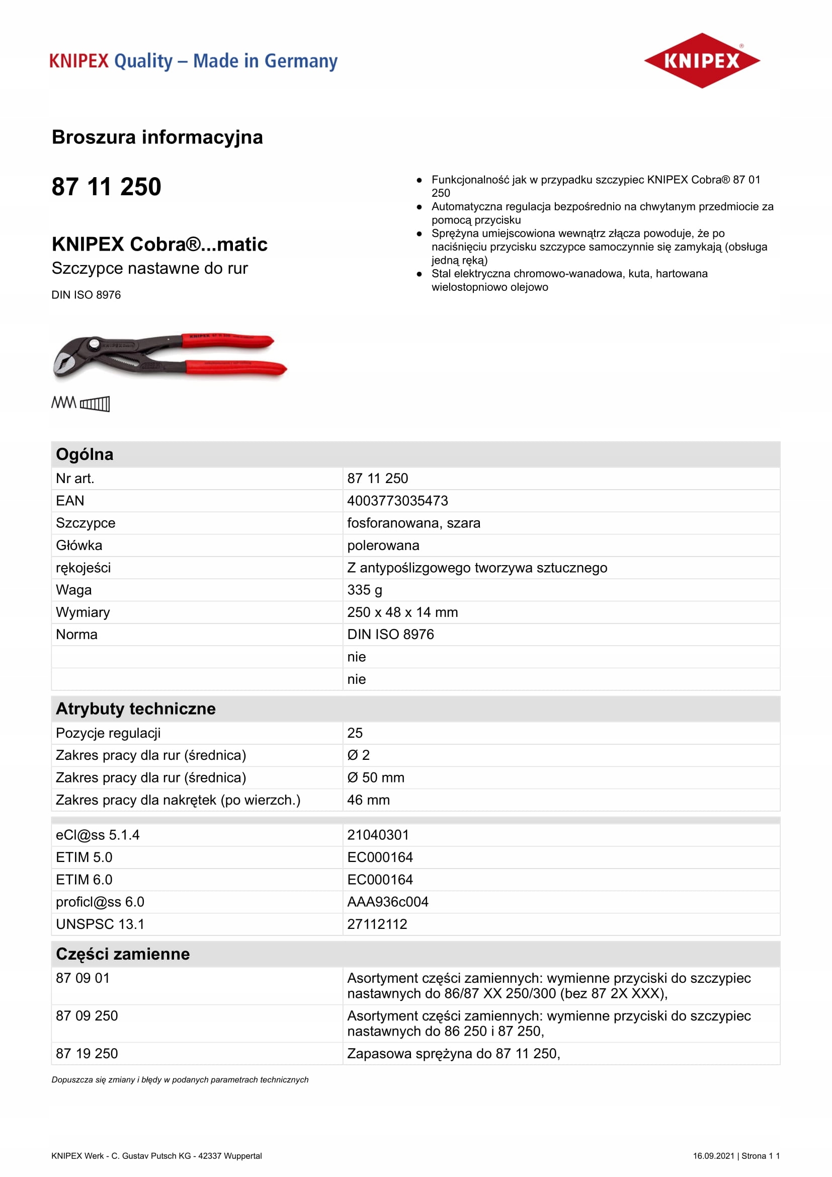 Kleště Na Trubky Cobra Nastavitelné 250 MM Kn 87 11 250