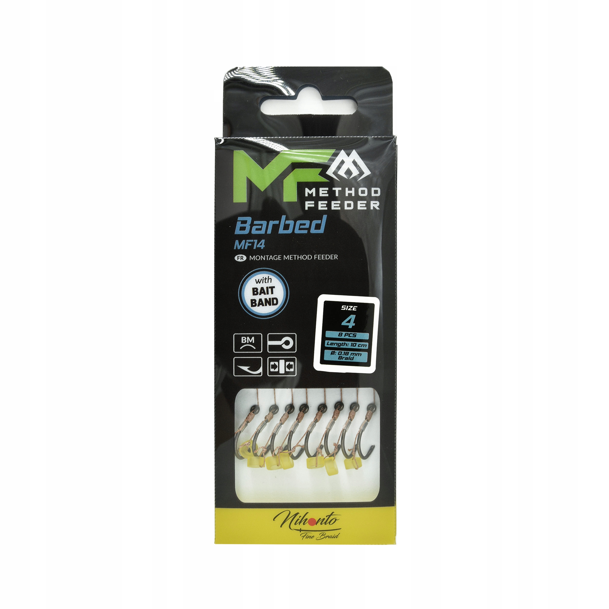 Haki Mikado MF14 przypon 0,18mm 10cm z gumką rozm.#4 8szt.do Method Feeder