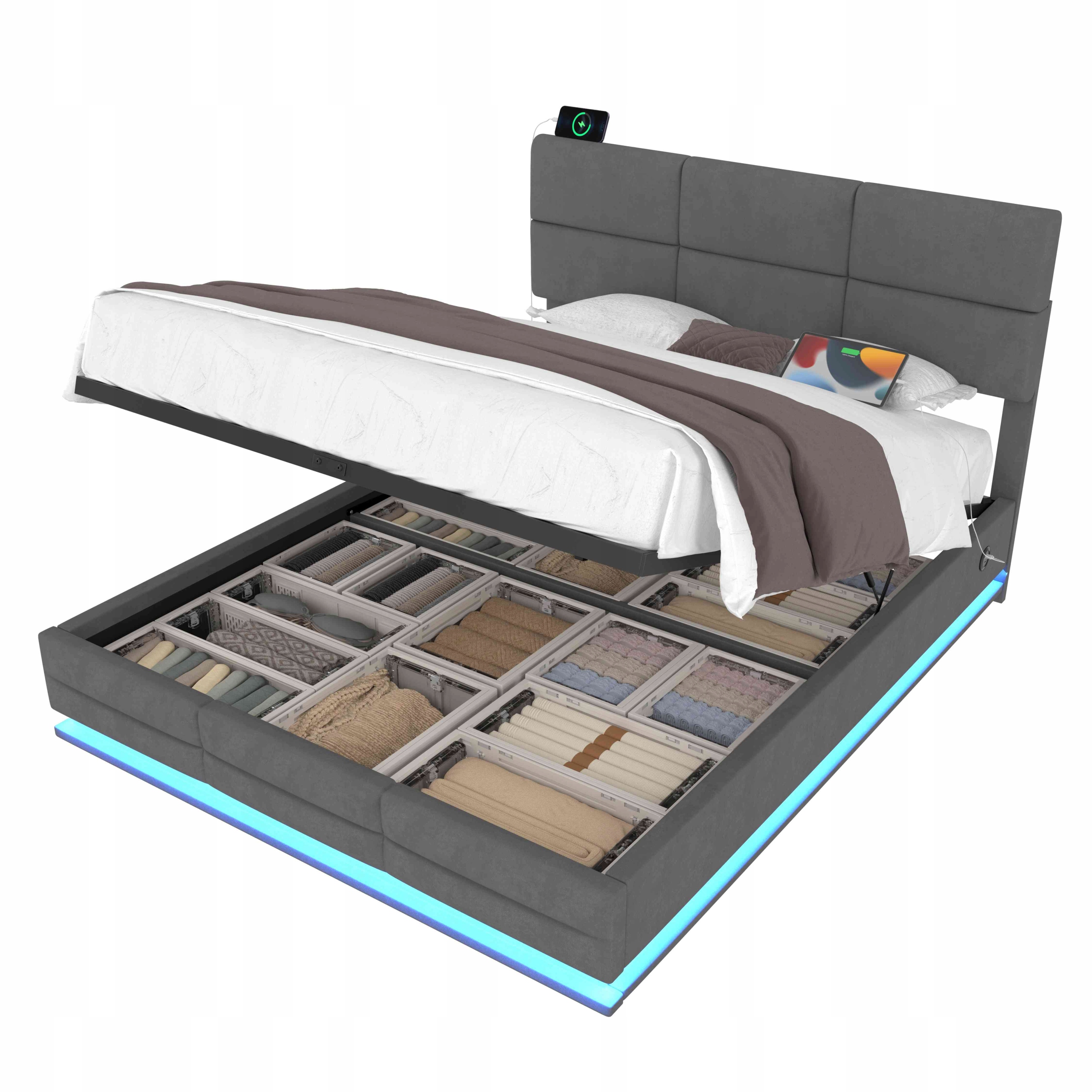 Čalouněná postel Dvojlůžko Usb C Led 140x200 cm Hydraulická šedá