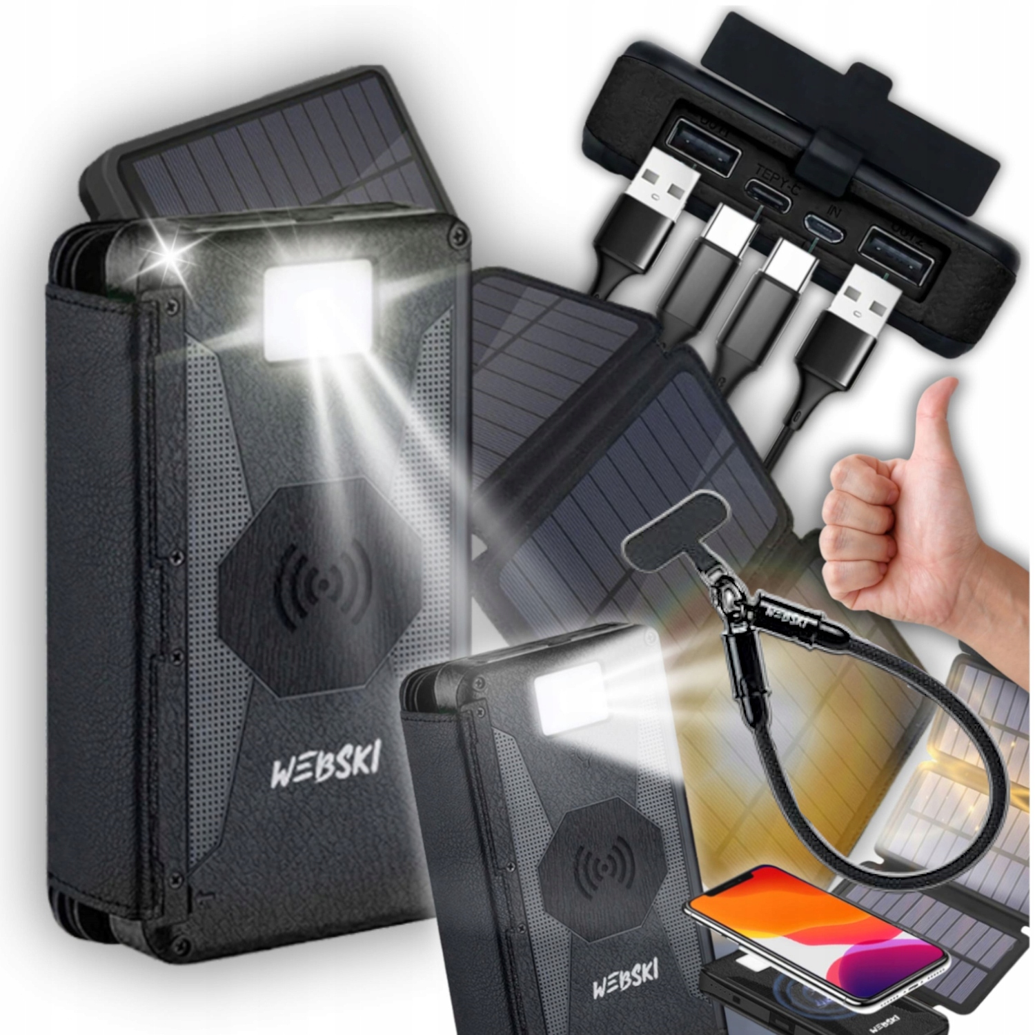 Solární Powerbanka 20000 mAh Bezdrátová Solární Nabíječka Usb Kabel