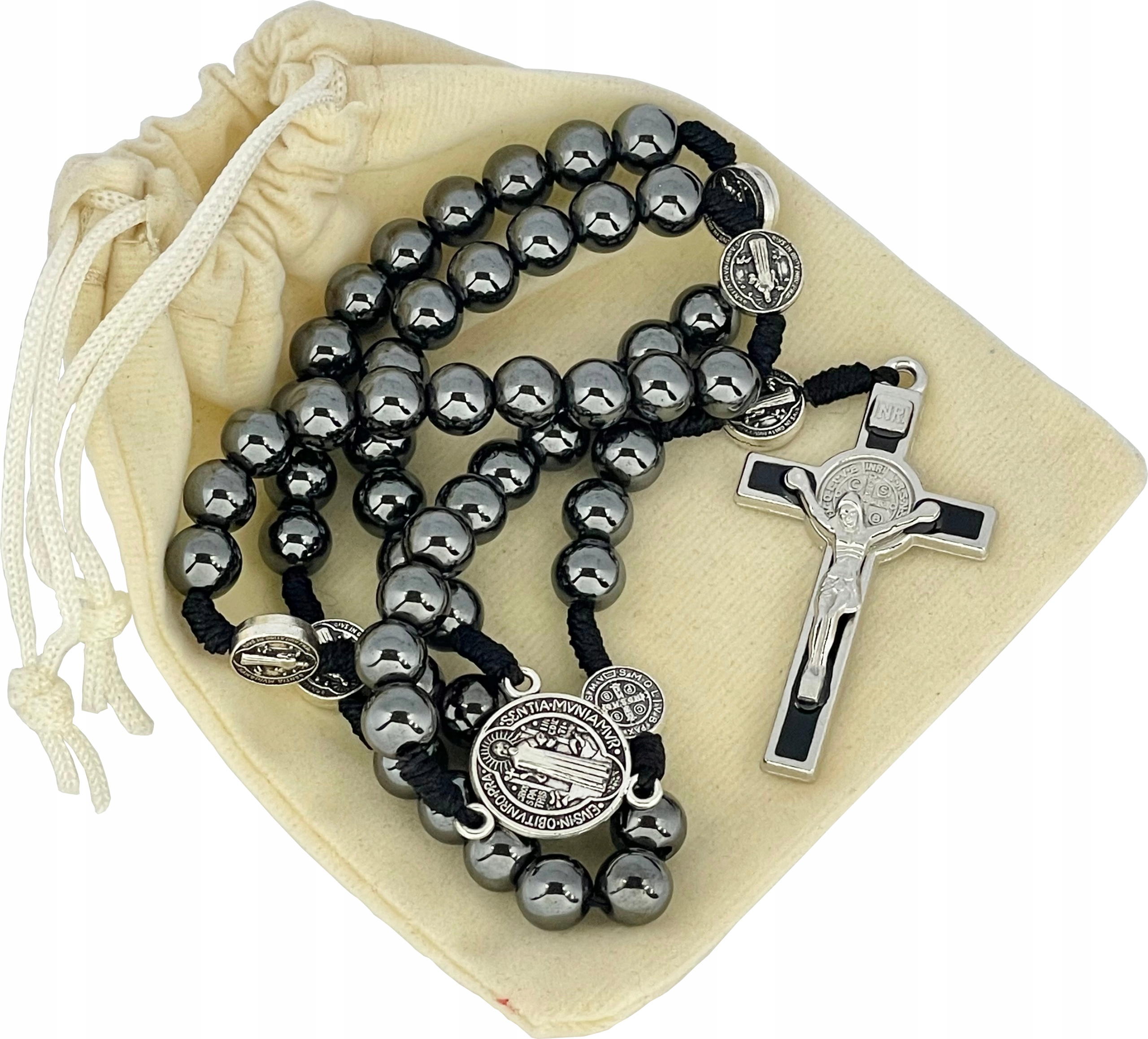 Růženec Hematit Kříž Svatého Benedikta Medailon Svatý Benedikt