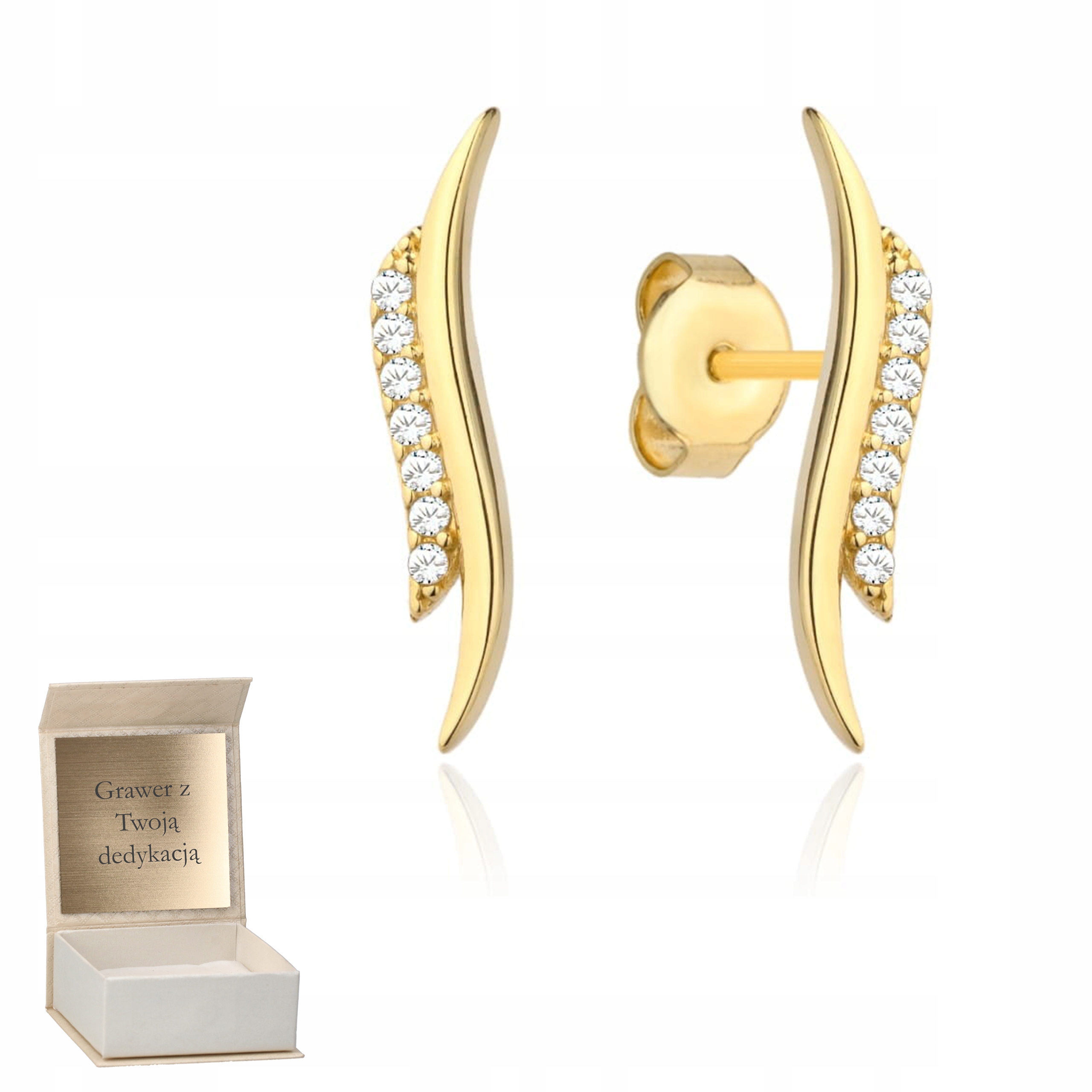 Zlaté náušnice Jemné vlny se zirkonem na tyčince zlato ryzost 585 Gravírování