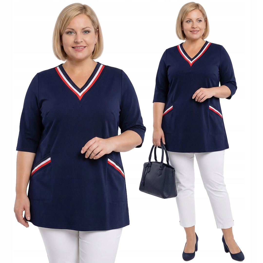 Tmavě modrá tunika s červenými pruhy plus size velikost 60