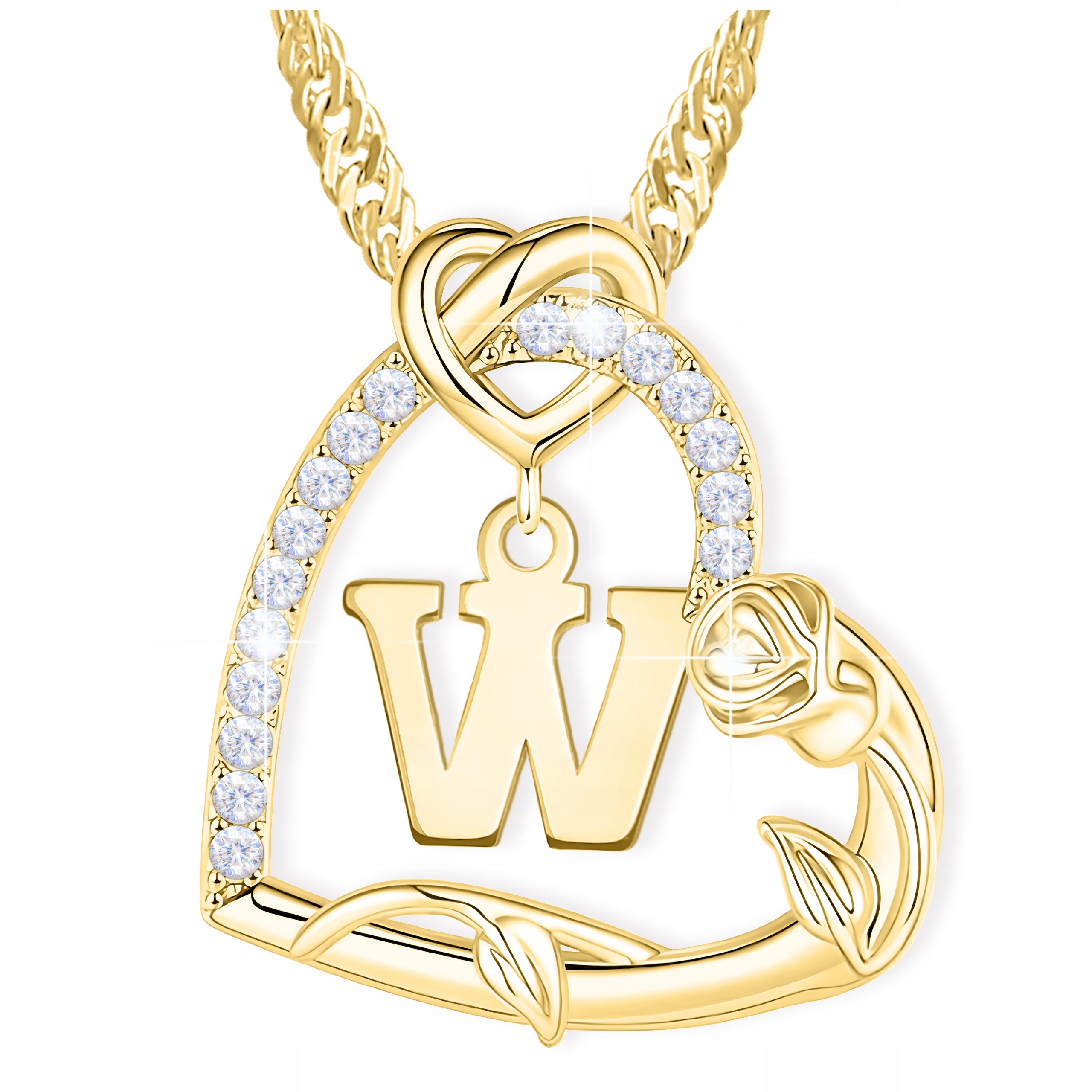 Naszyjnik Złoty z Literą Literką W Serce z Cyrkoniami Kwiat Róża Srebro 925